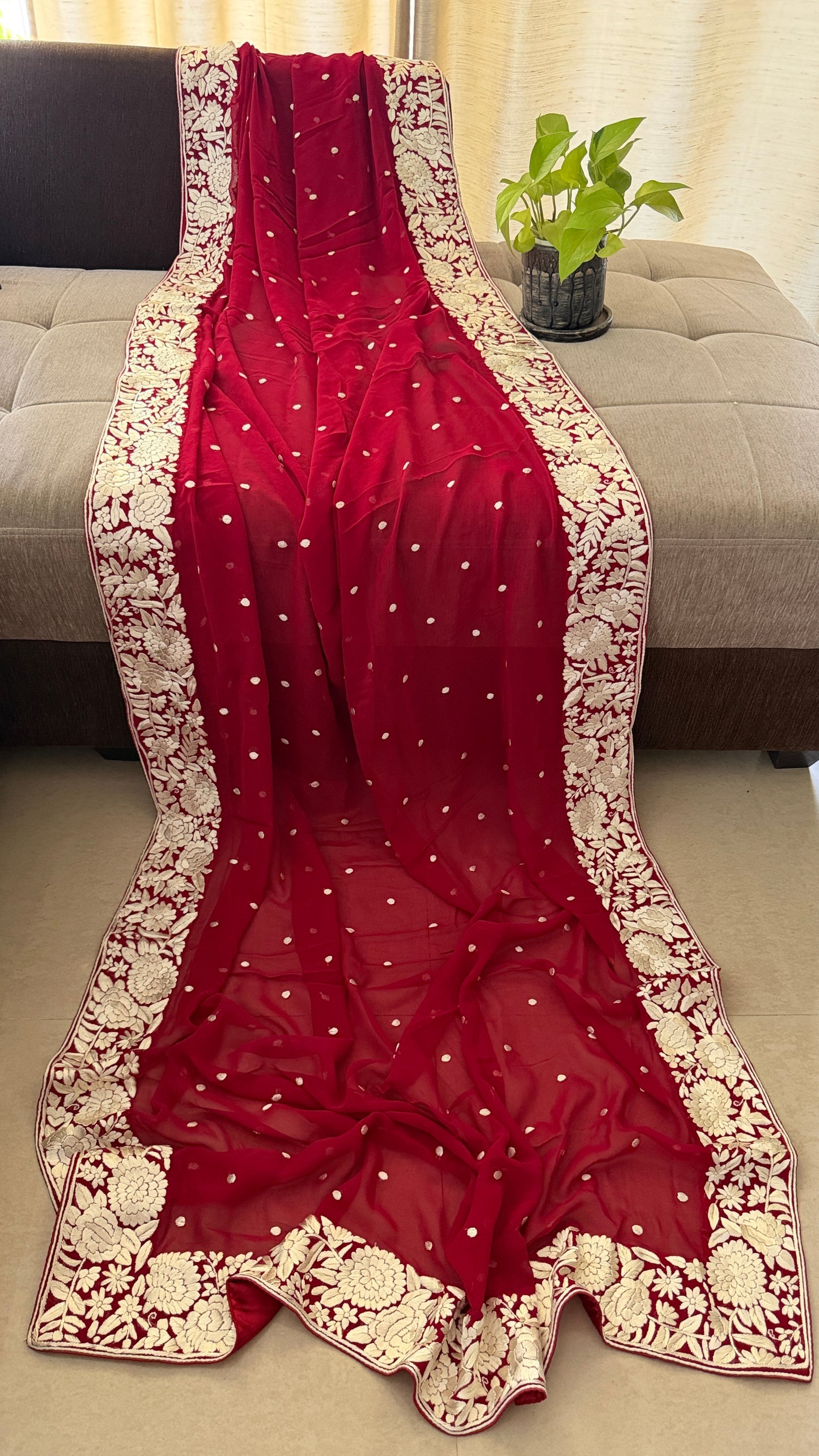 Artisanal Maroon Ivory Floral Parsi Gara Dupatta