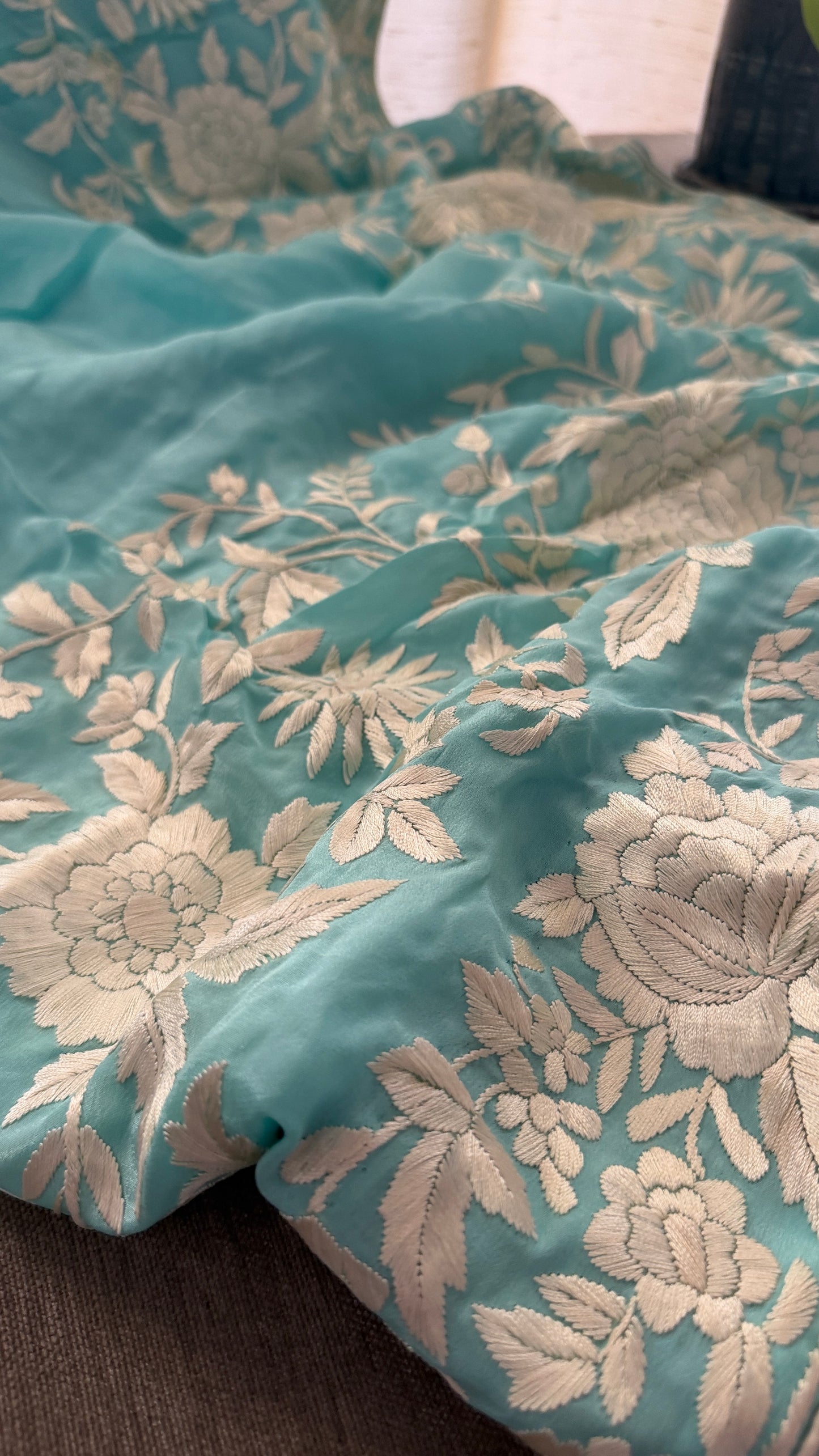 Aqua Green Crepe Silk Parsi Gara Saree