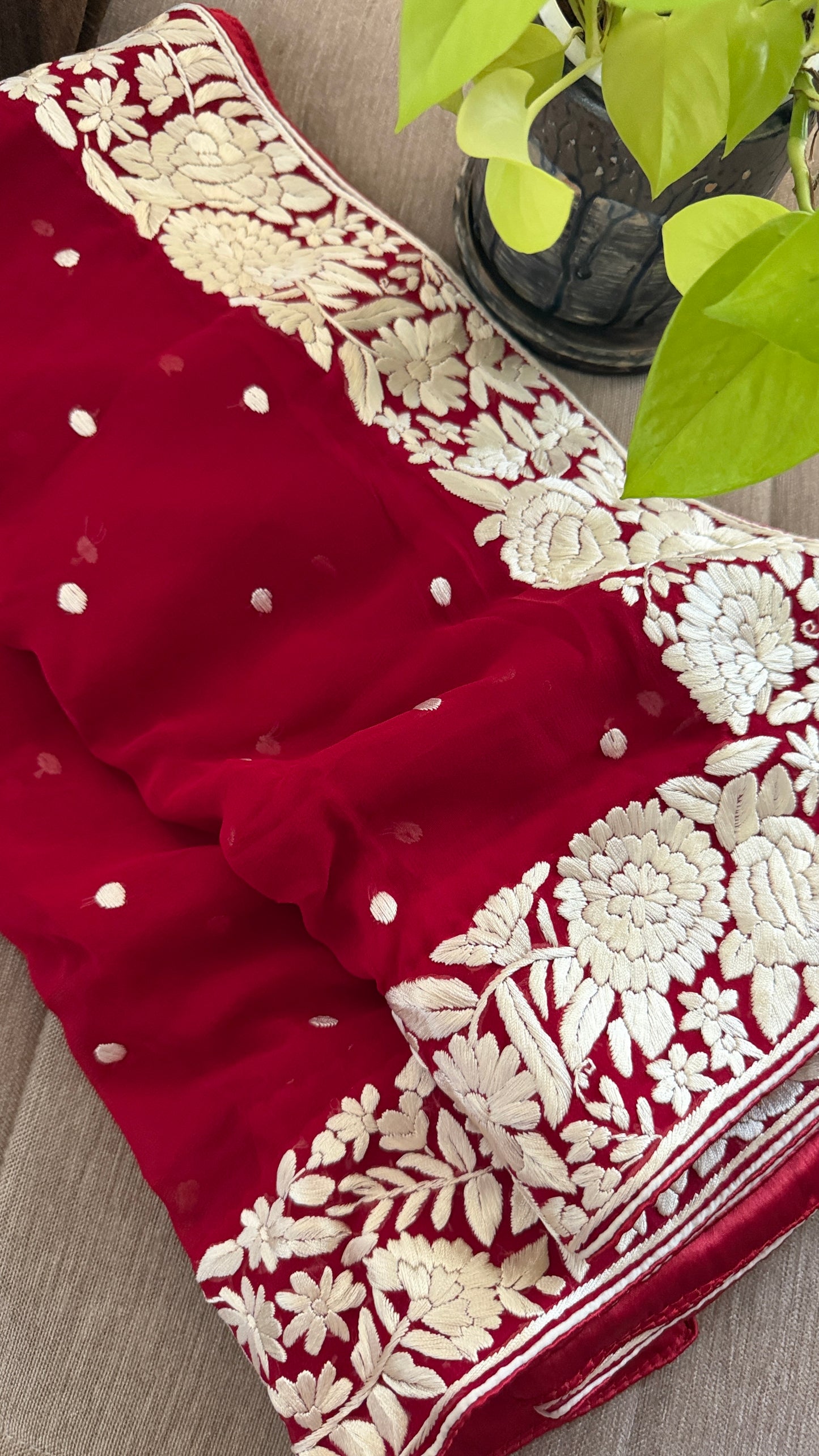 Artisanal Maroon Ivory Floral Parsi Gara Dupatta