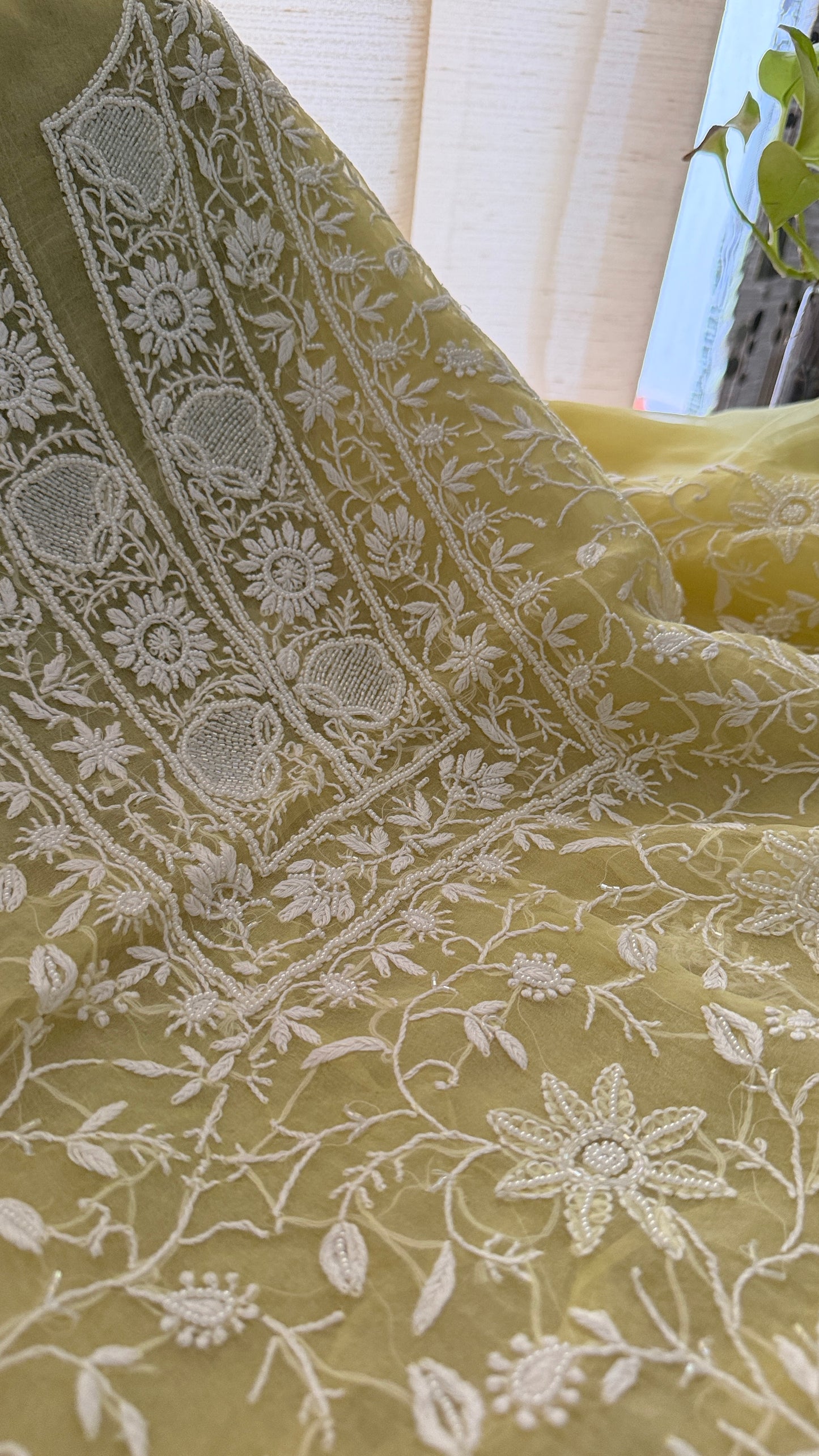 Designer Yellow Organza Cut Dana Pearl Chikankari Suit