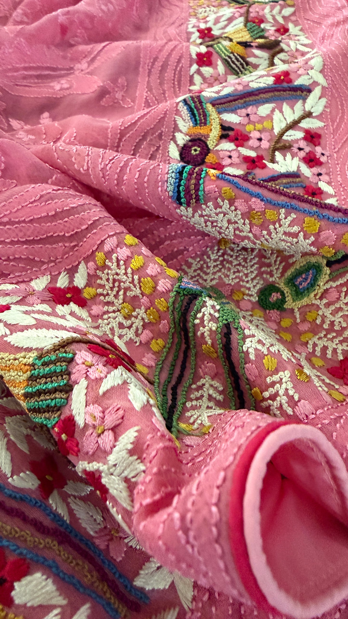 Designer Pink Hand Embroidered Parsi Gara Dupatta