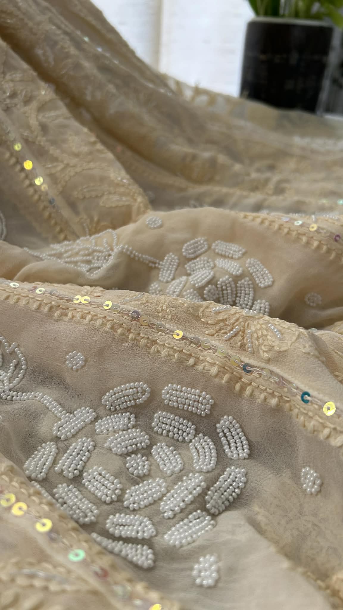 Beige Pearl Chikankari Anarkali Suit