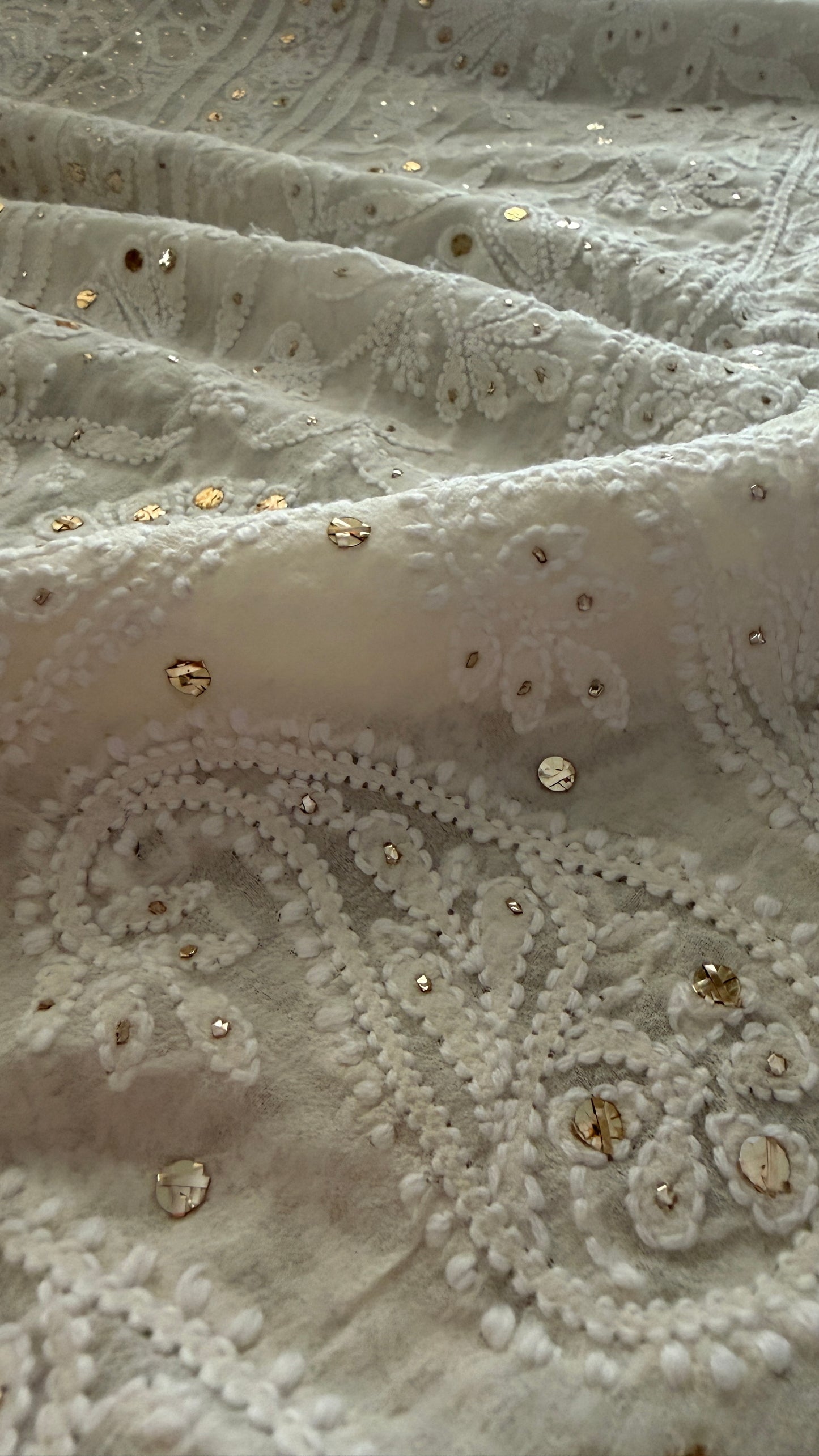Ivory White Golden Mukaish Chikankari Dupatta