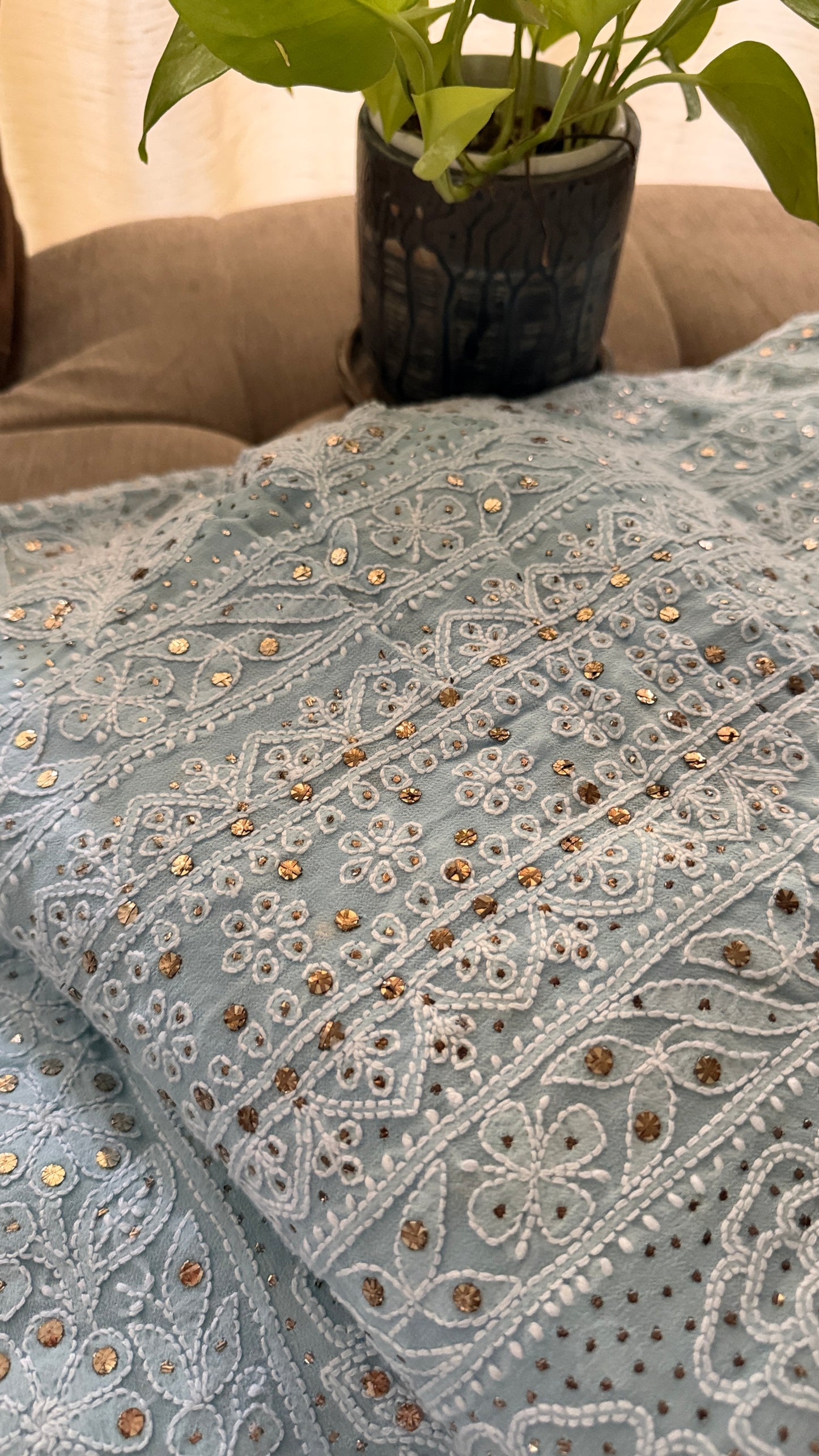 Exclusive Powder Blue Mukaish Chikankari Saree