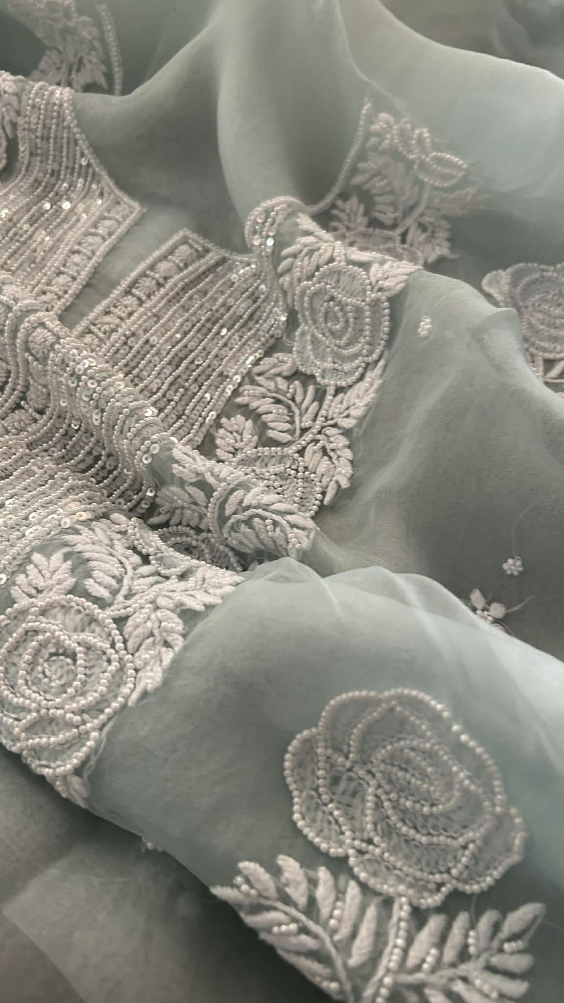 Exclusive Sage Green Organza Pearl Chikankari Suit
