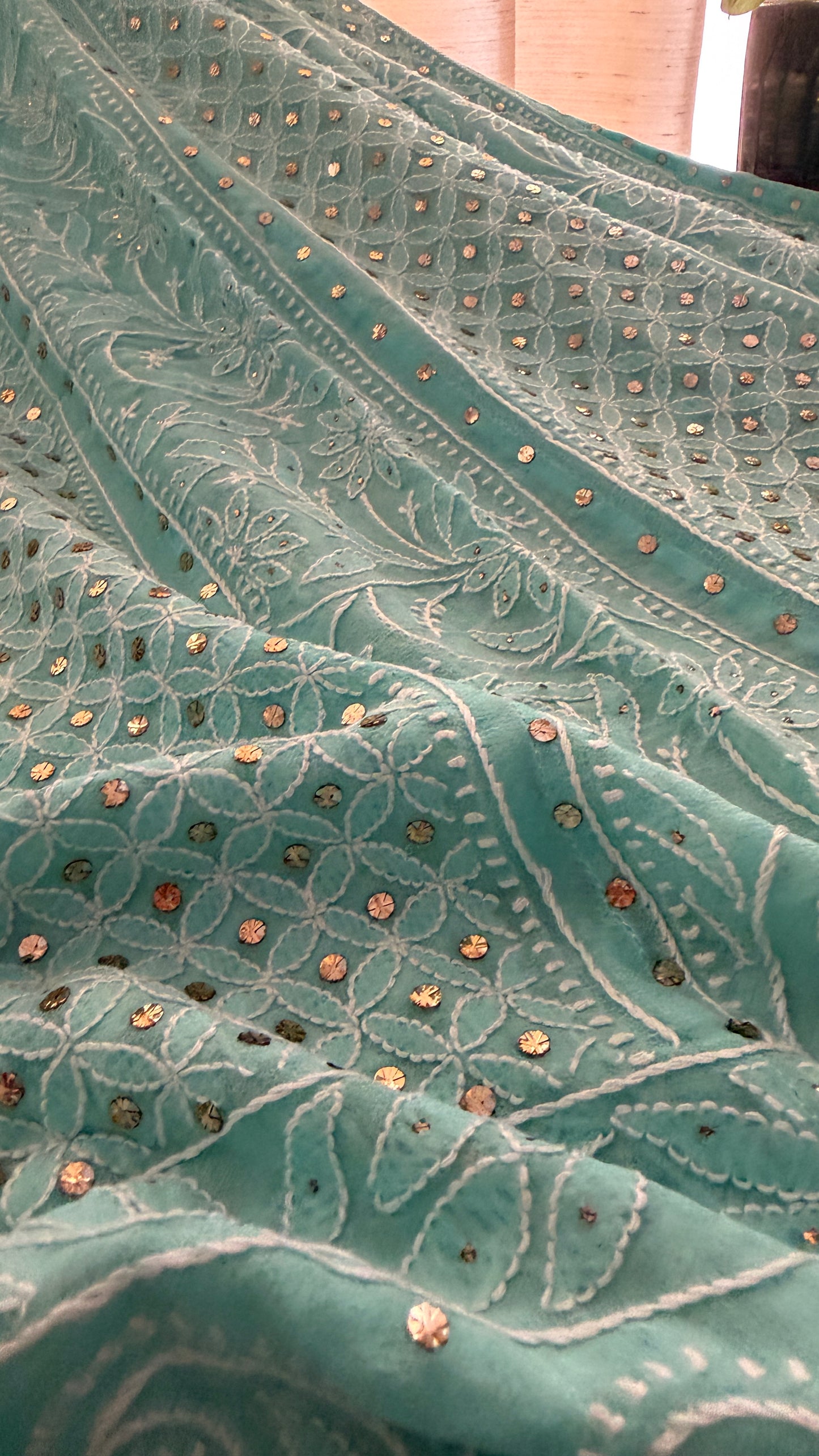 Sea Green Chikankari Anarkali Suit With Golden Mukaish (Anarkali And Dupatta)