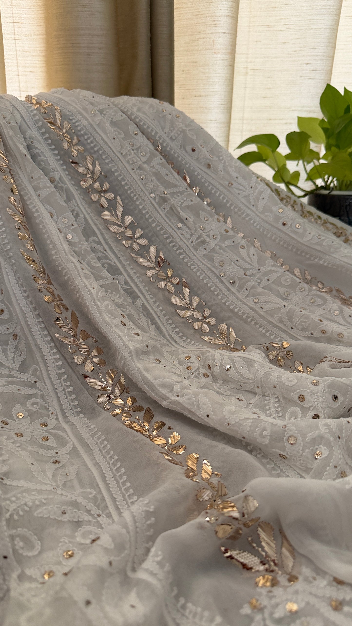 White Mukaish Chikankari Anarkali Suit