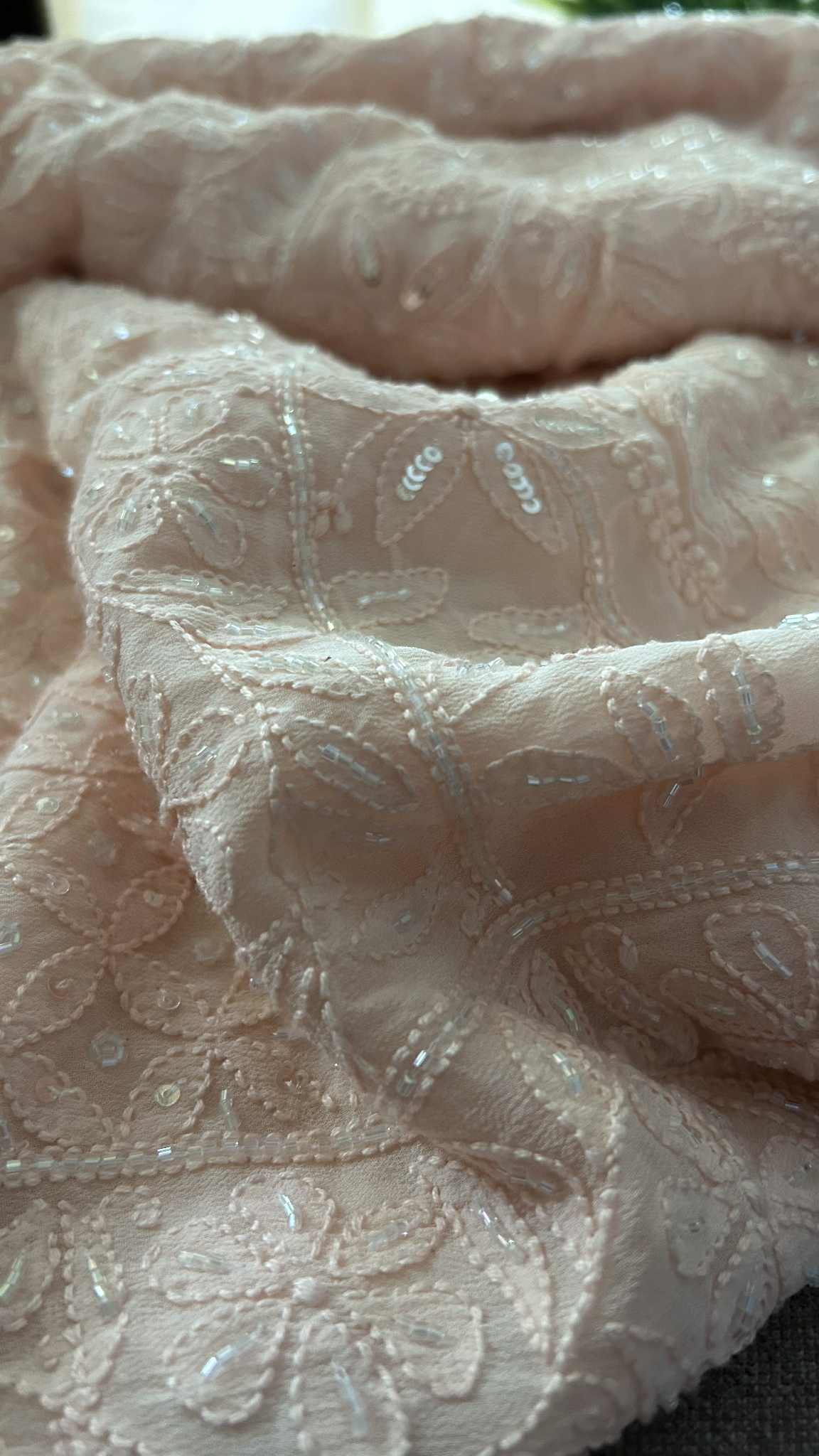 Peachy Pink Cut Dana Sequin Chikankari Saree
