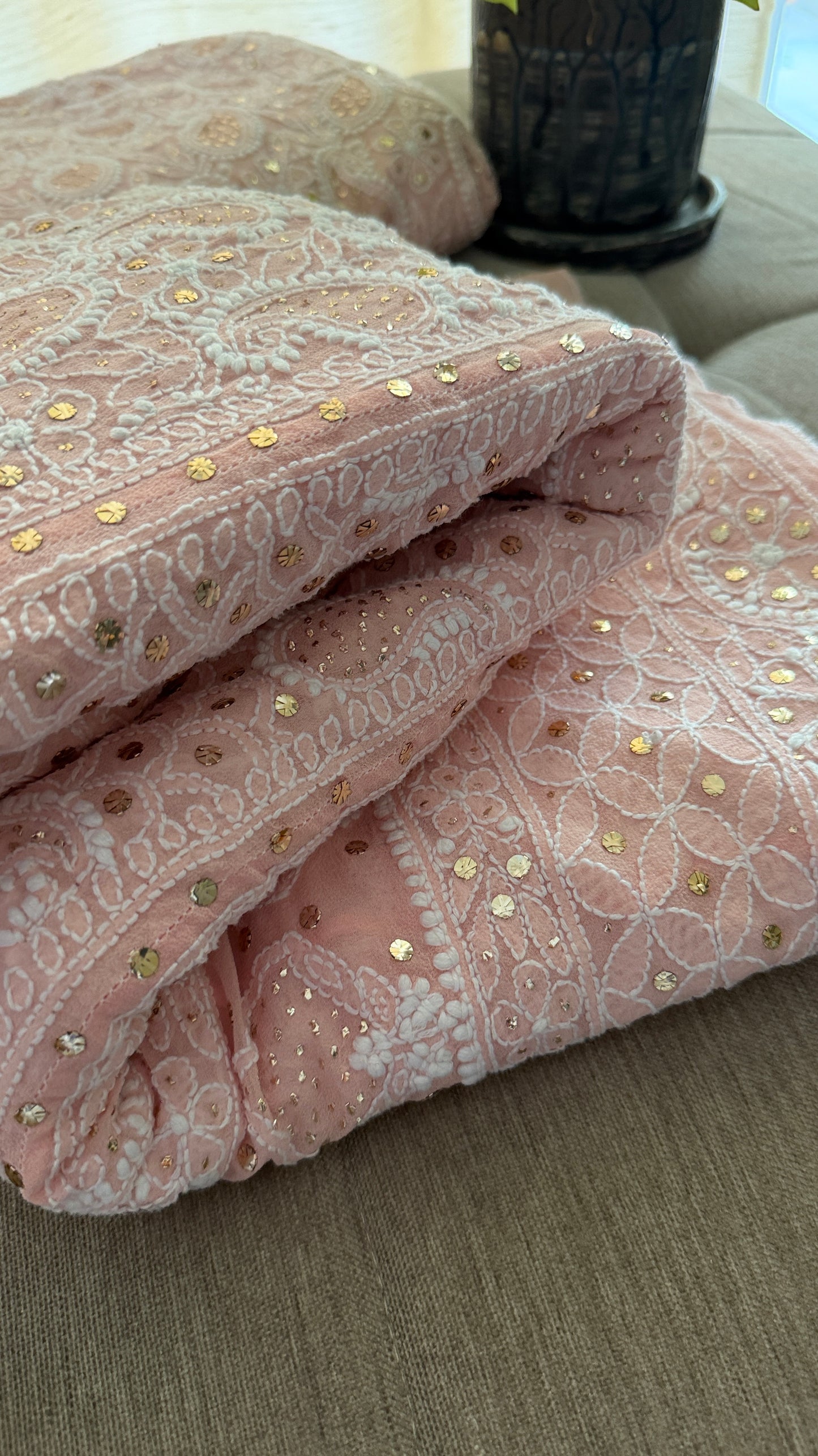 Pastel Pink Mukaish Chikankari Lehenga Set