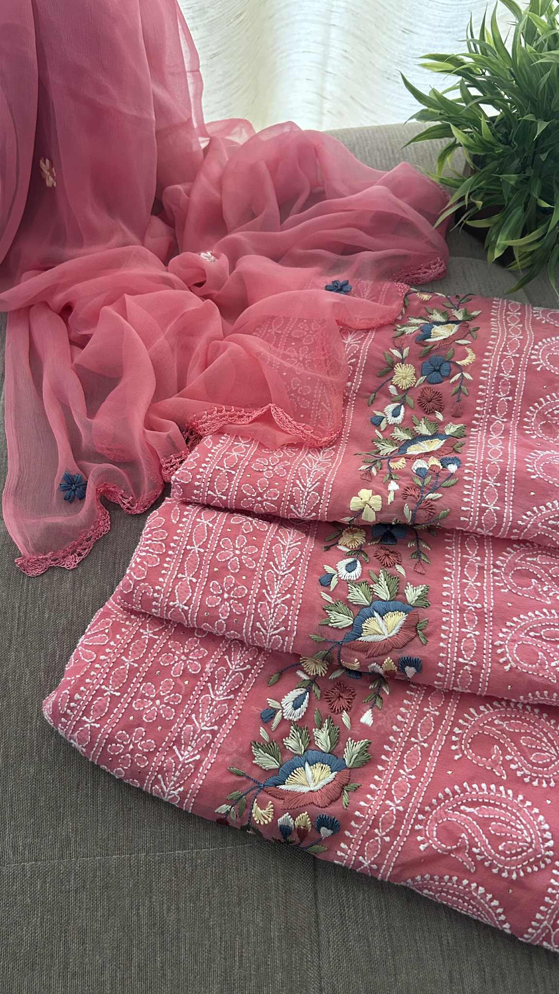 Dark Peach Chikankari Parsi Gara Daman Suit