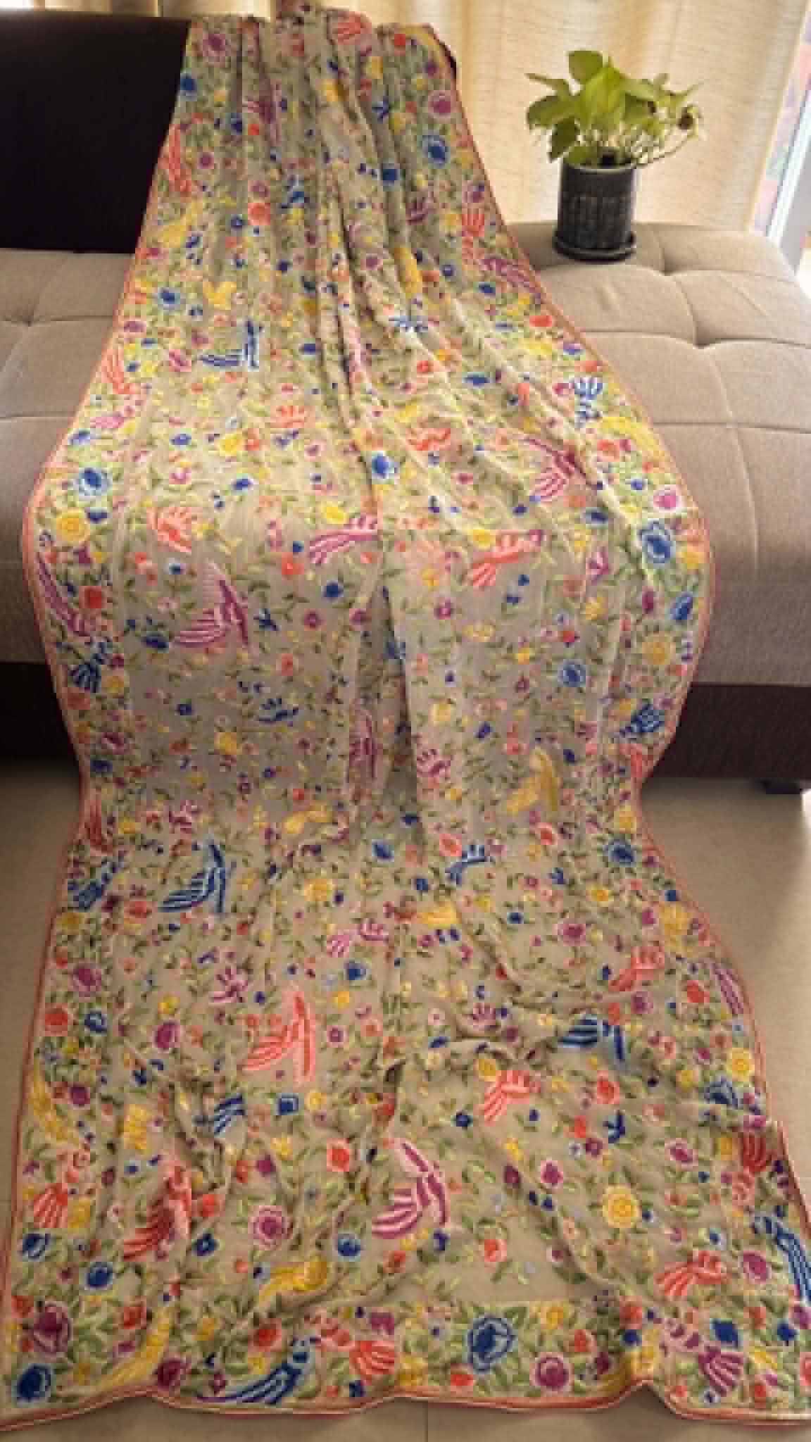Elegant Ivory Multicolour Parsi Gara Dupatta