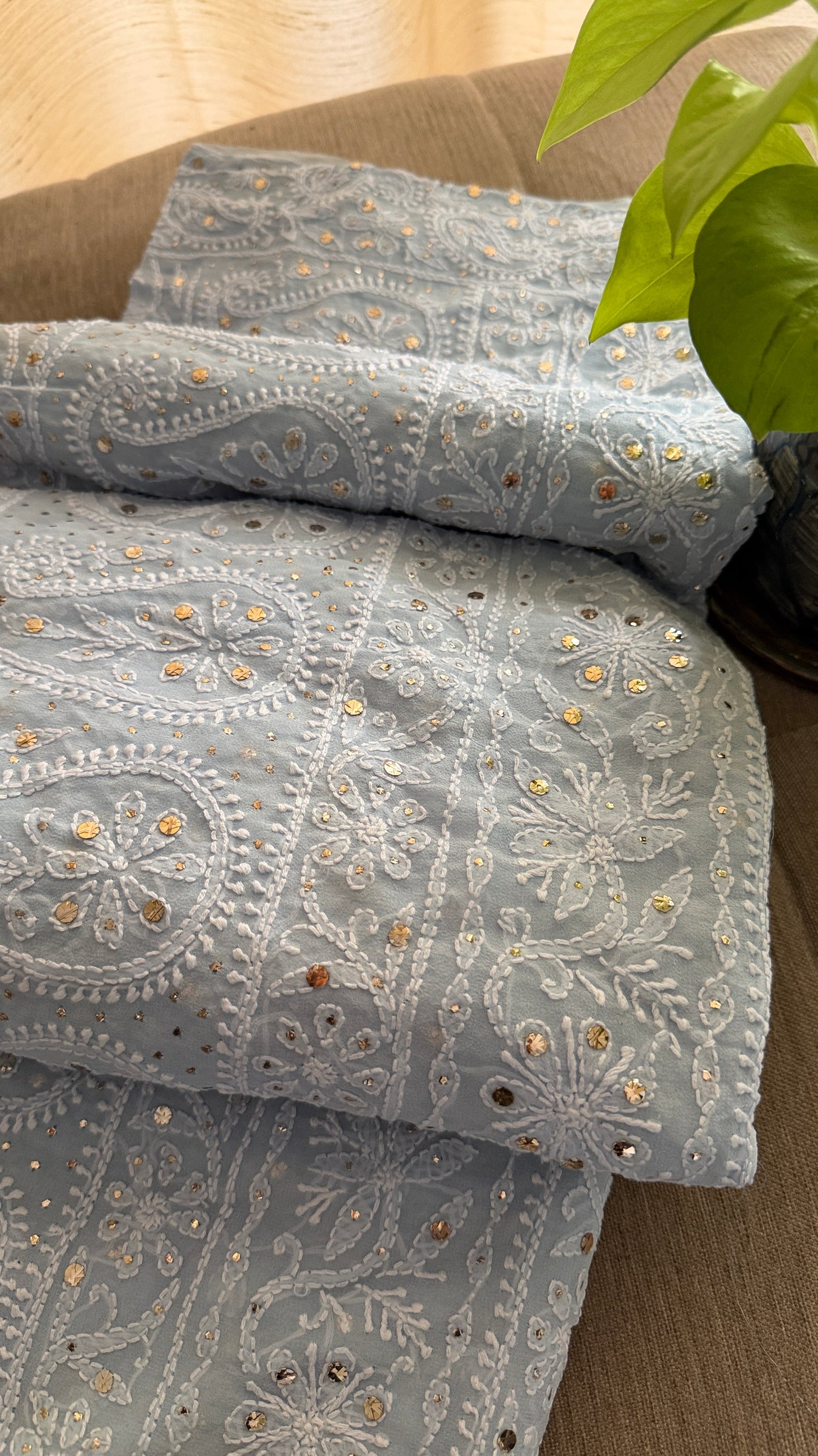 Powder Blue Mukaish Chikankari Saree