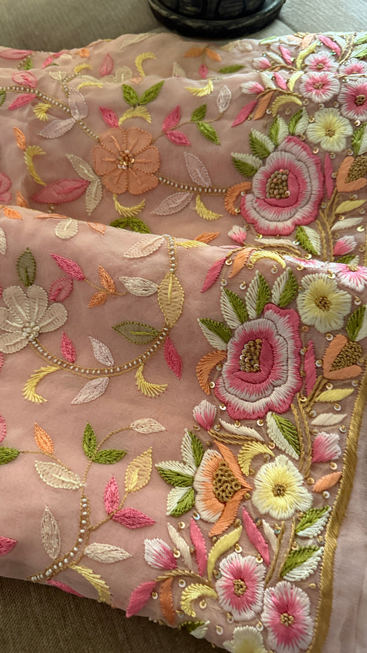 Pastel Pink Parsi Gara & Chikankari Pearl Suit