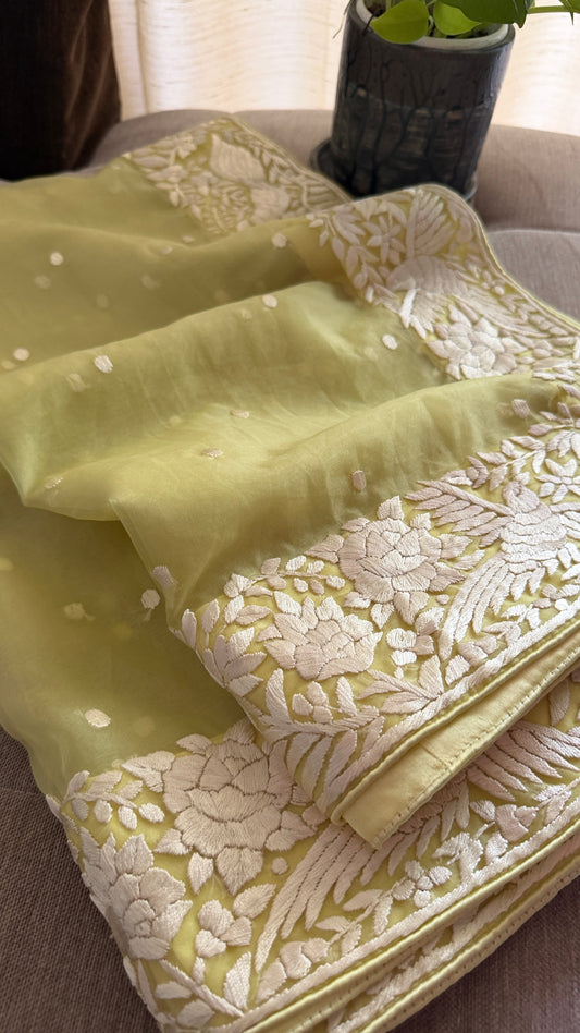 Lime Green Organza Parsi Gara Dupatta