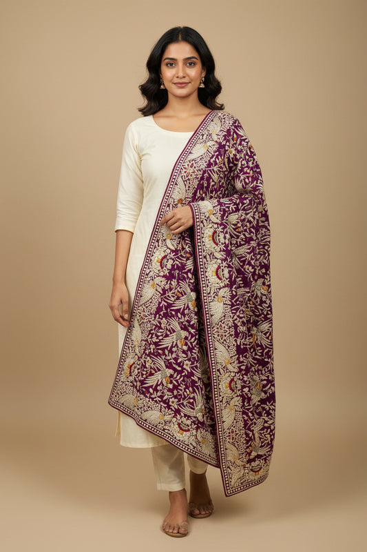 Designer Purple Parsi Gara Hand Embroidered Dupatta