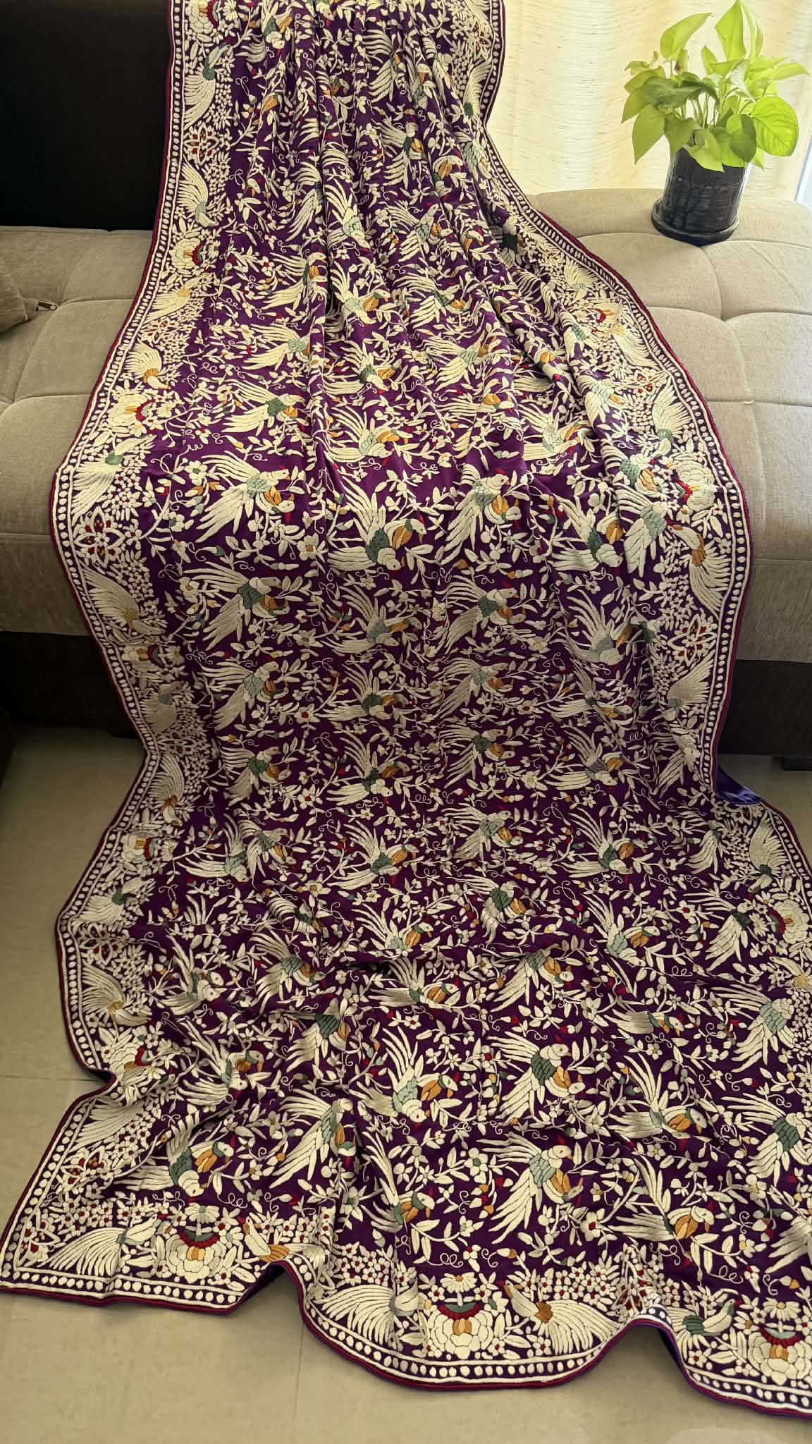 Designer Purple Parsi Gara Hand Embroidered Dupatta