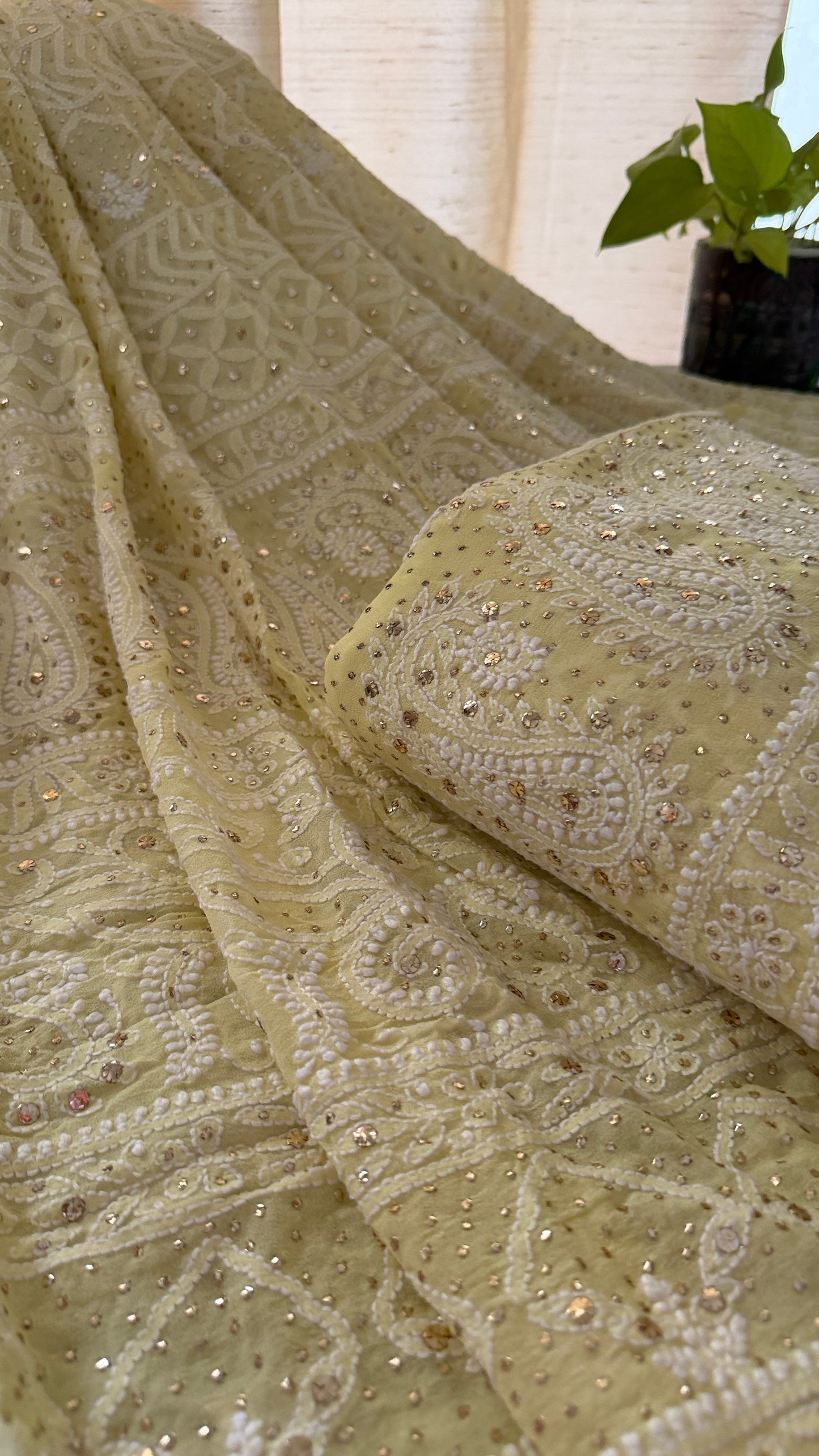 Lemon Yellow Mukaish Chikankari Lehenga Set