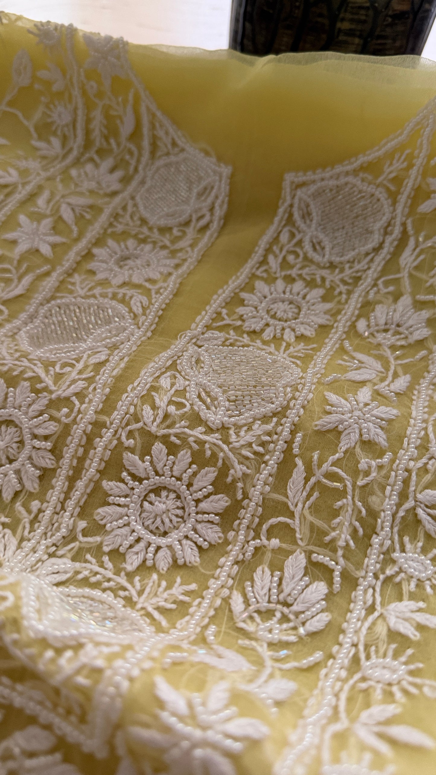 Designer Yellow Organza Cut Dana Pearl Chikankari Suit