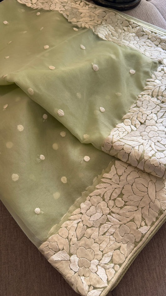 Exclusive Sage Green Organza Parsi Gara Dupatta