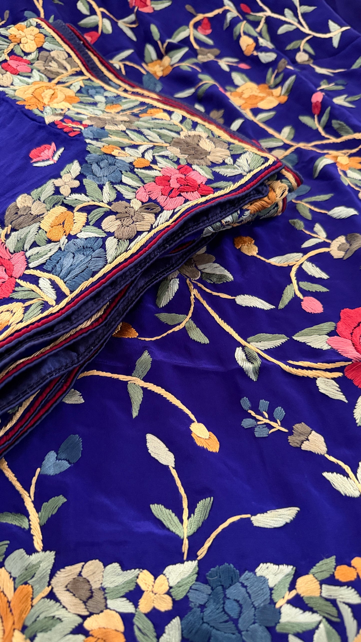 Royal Blue Floral Parsi Gara Suit (Three Piece)