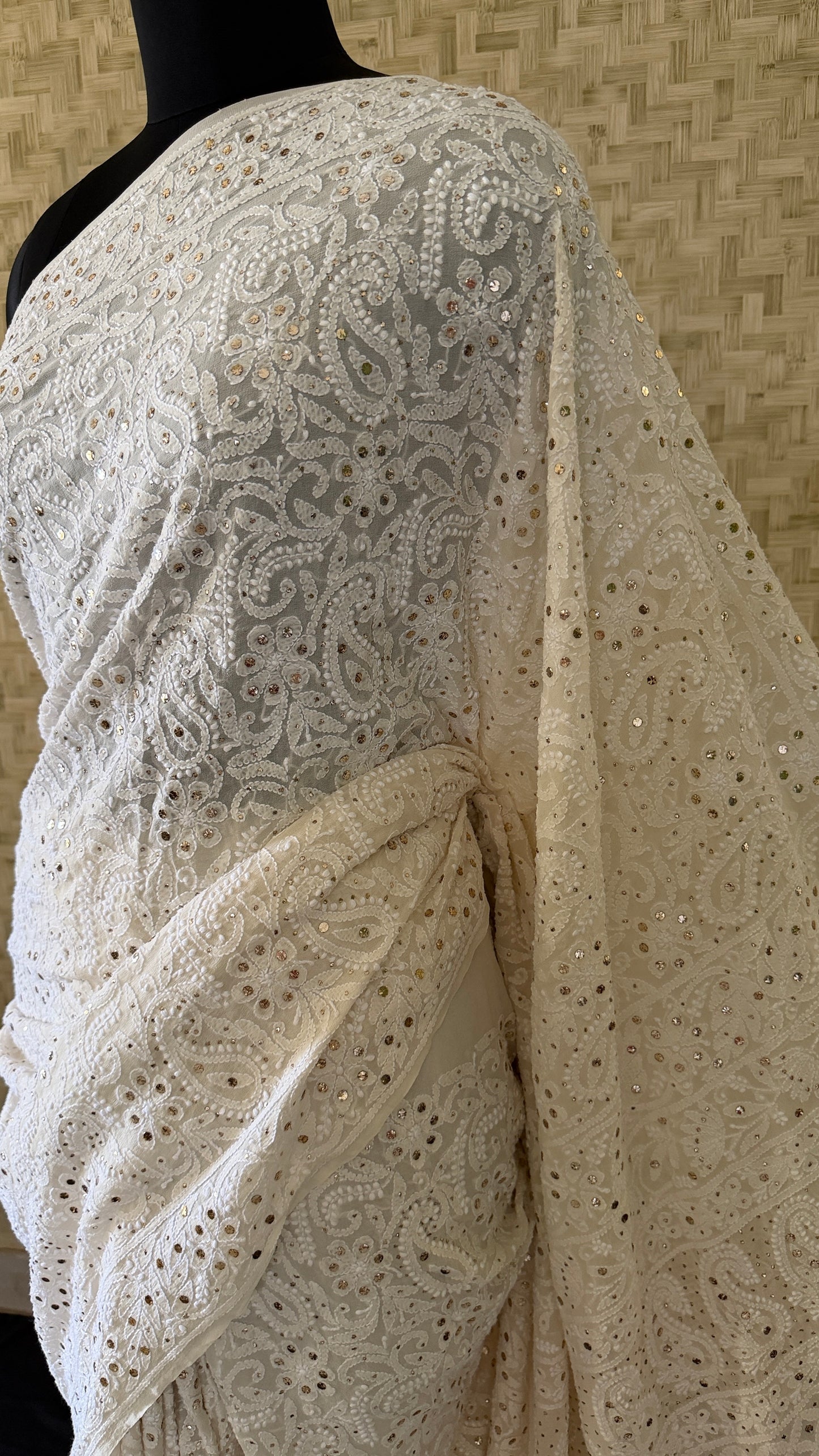 Pure Georgette Mukaish Chikankari Saree