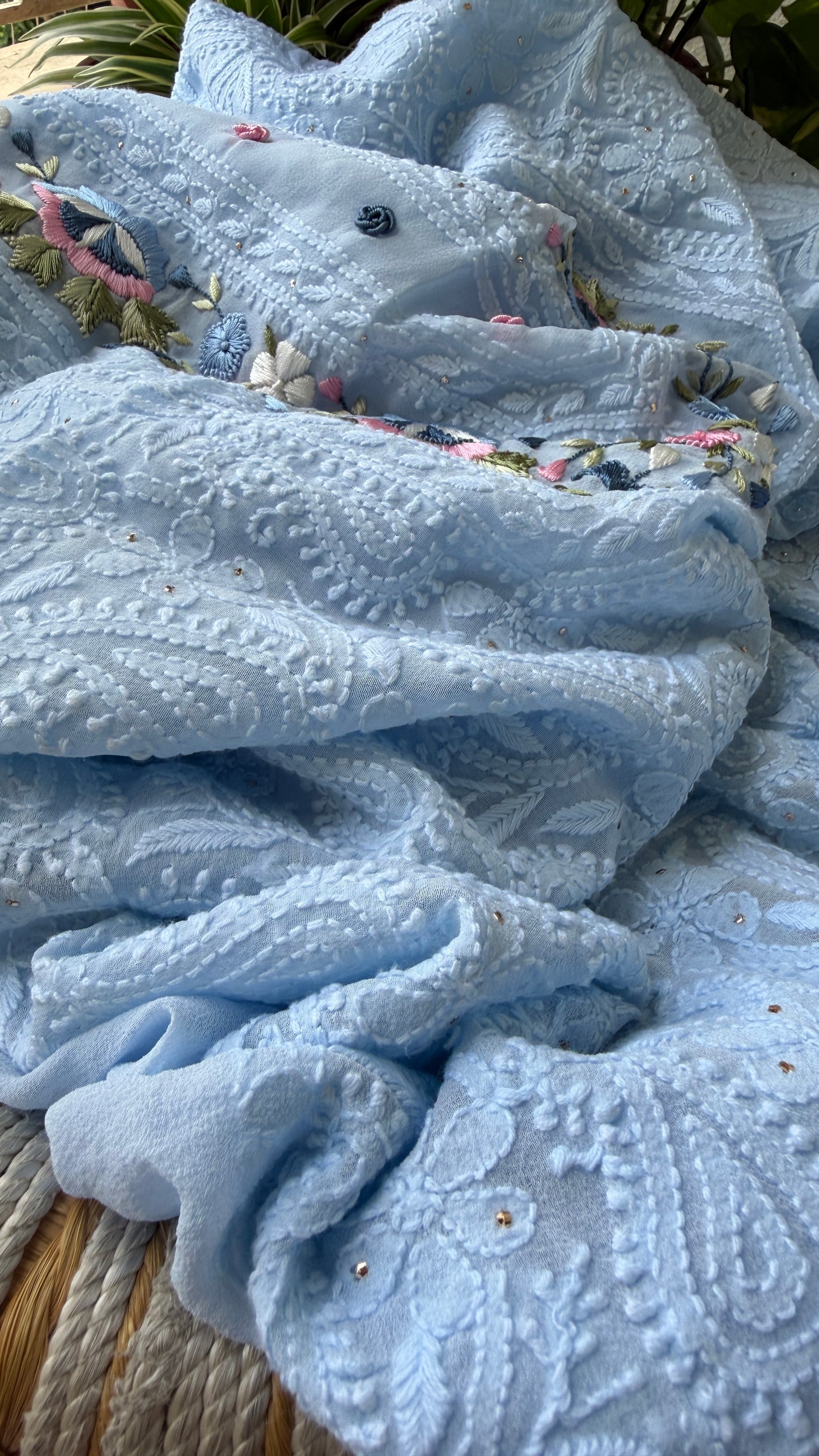 Powder Blue Parsi Gara Chikankari Suit