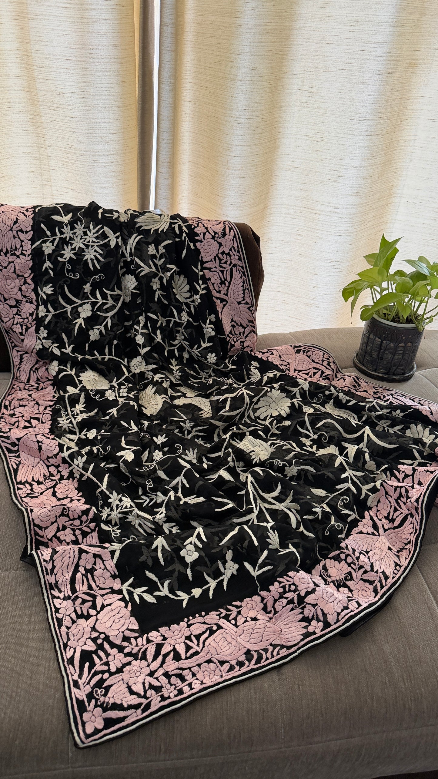 Designer Black Parsi Gara Dupatta with Pink Border