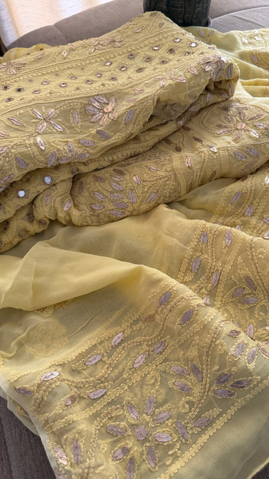 Yellow Mirror Gota Patti Chikankari Anarkali Suit