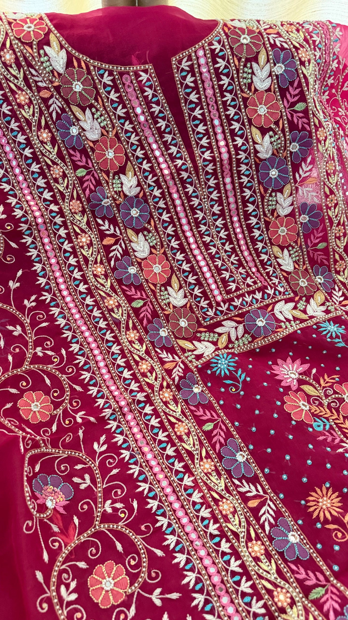 Luxury Pearl Handcrafted Organza Chikankari Suit- Magenta