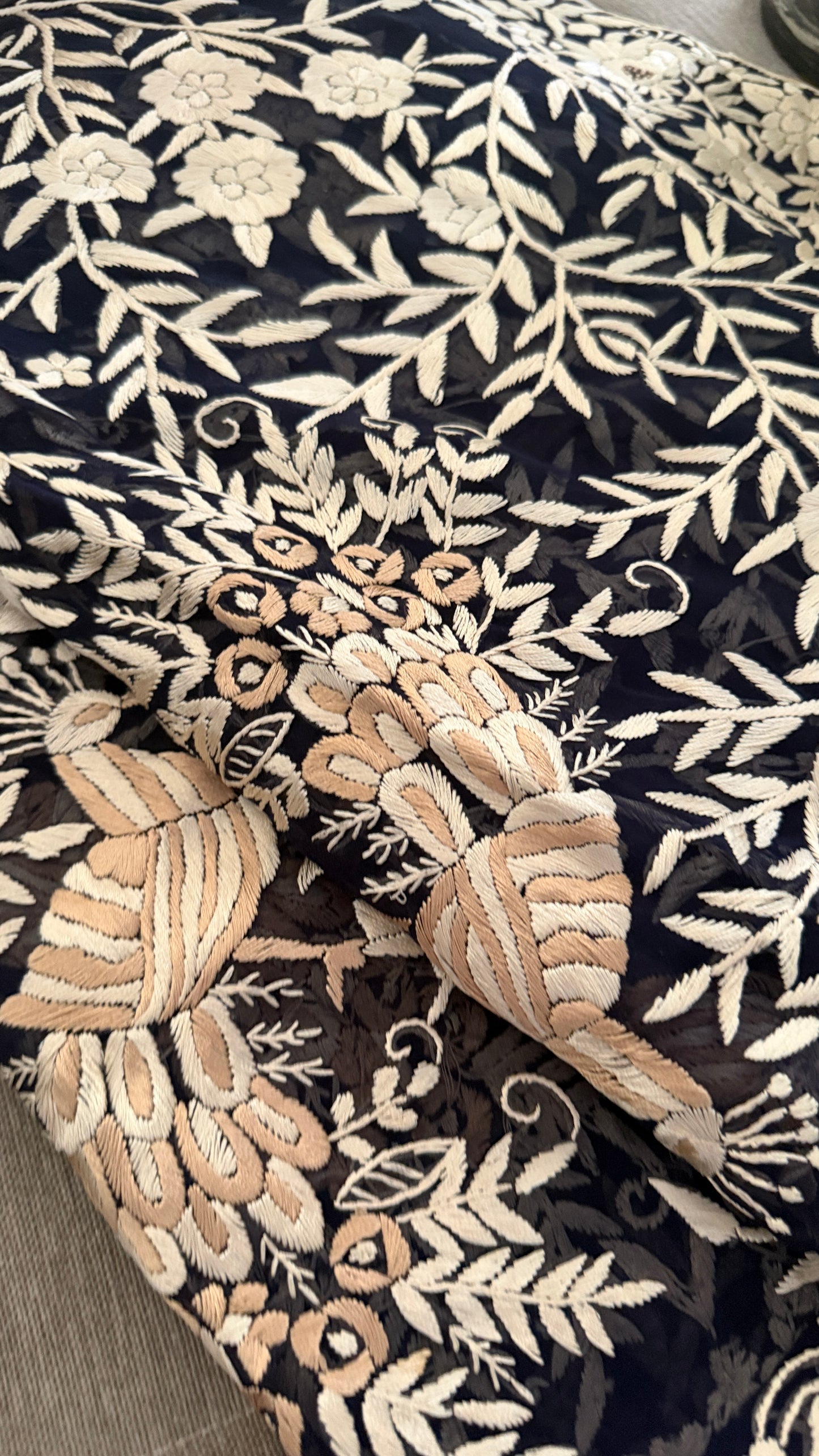 Elegant Navy Hand Embroidered Parsi Gara Dupatta