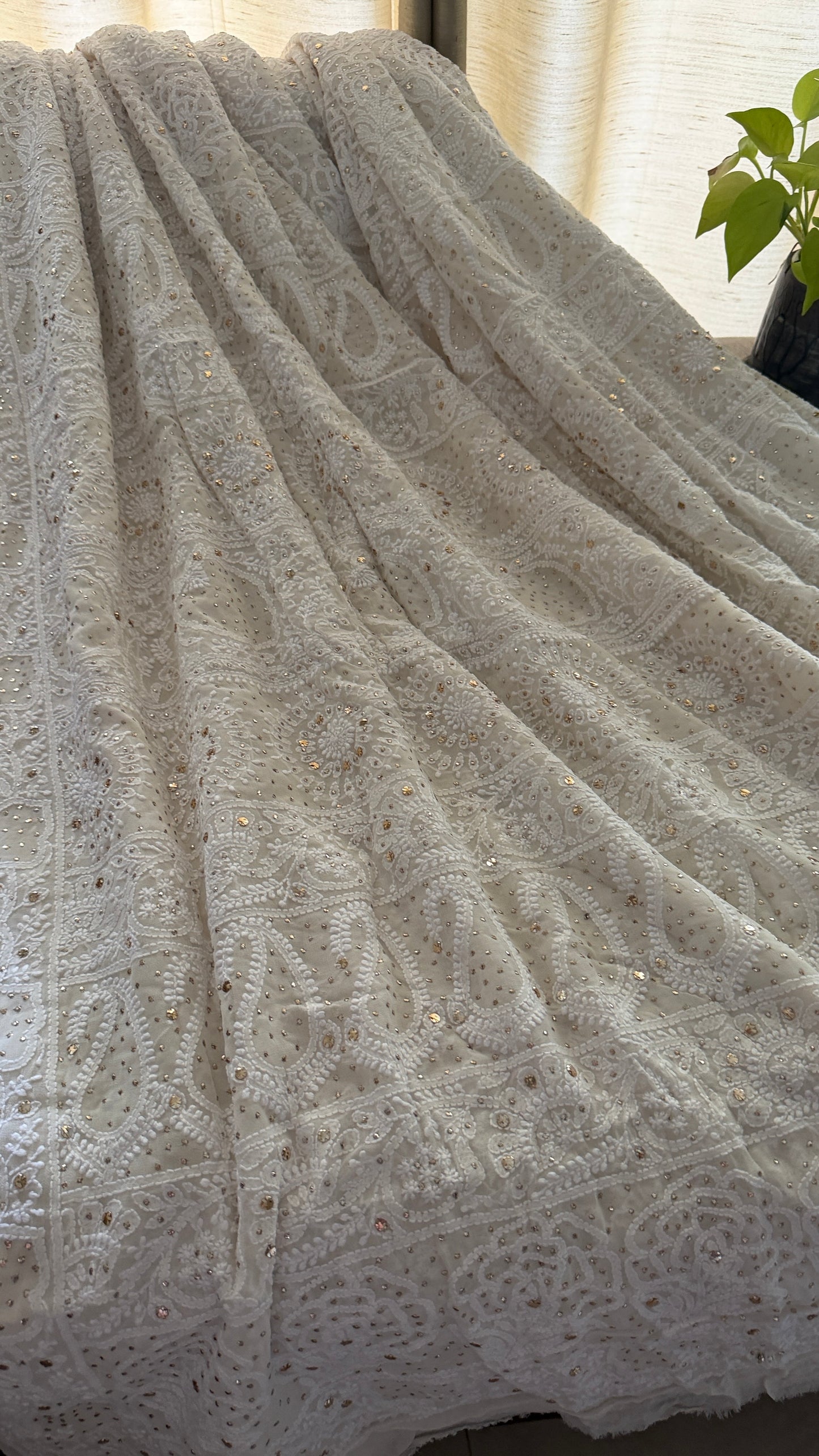 Ivory Pure Georgette Mukaish Chikankari Saree