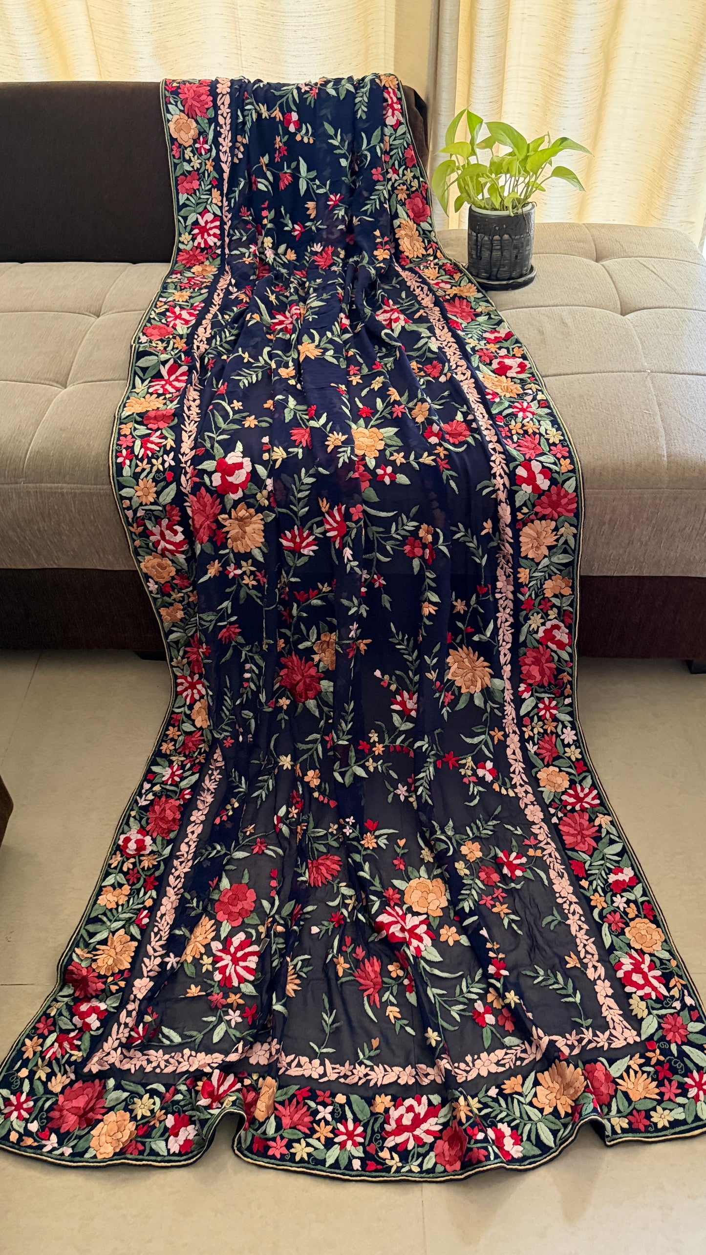 Heirloom Navy Floral Parsi Gara Dupatta