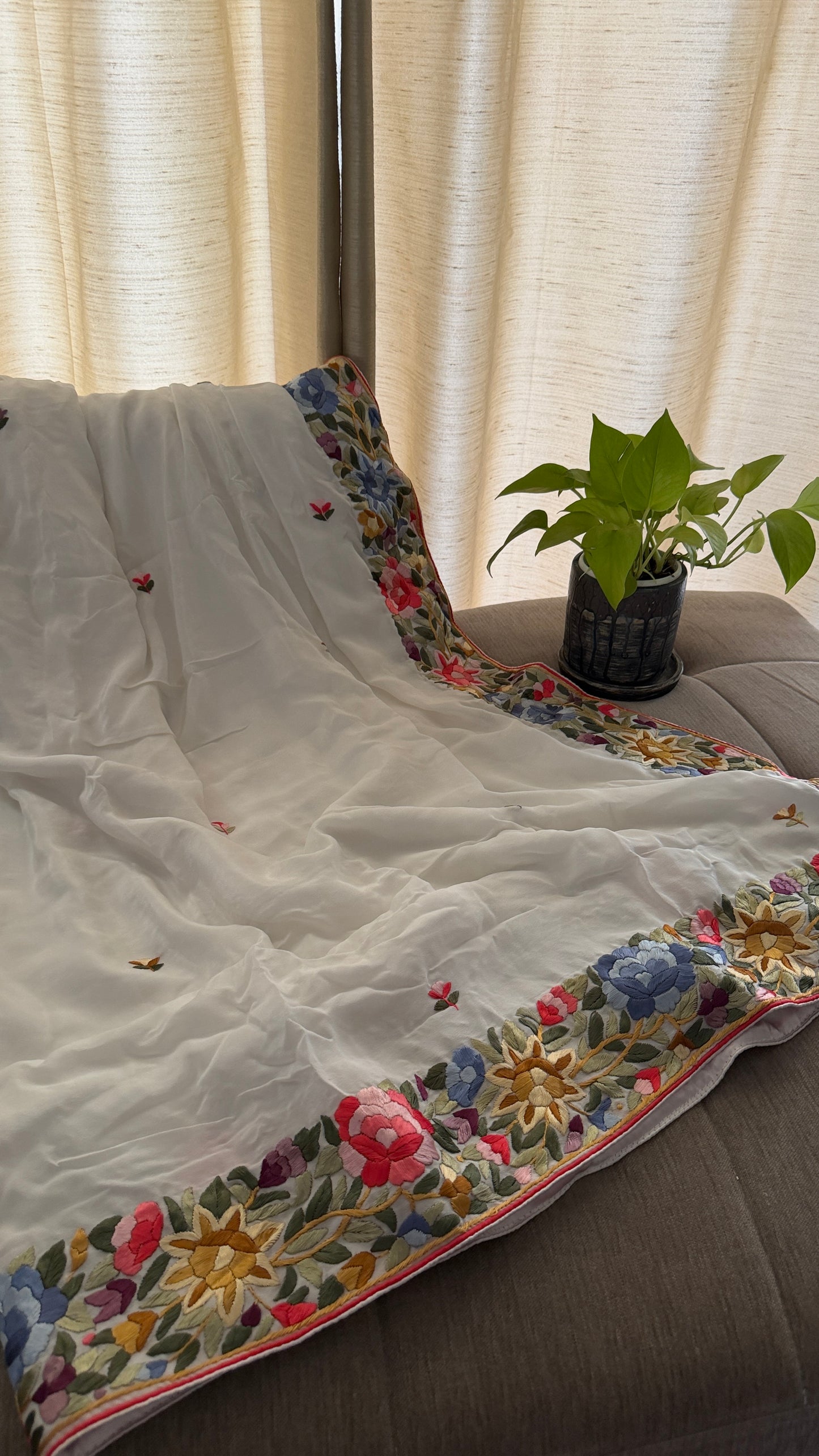 Designer Ivory White Crepe Silk Parsi Gara Saree