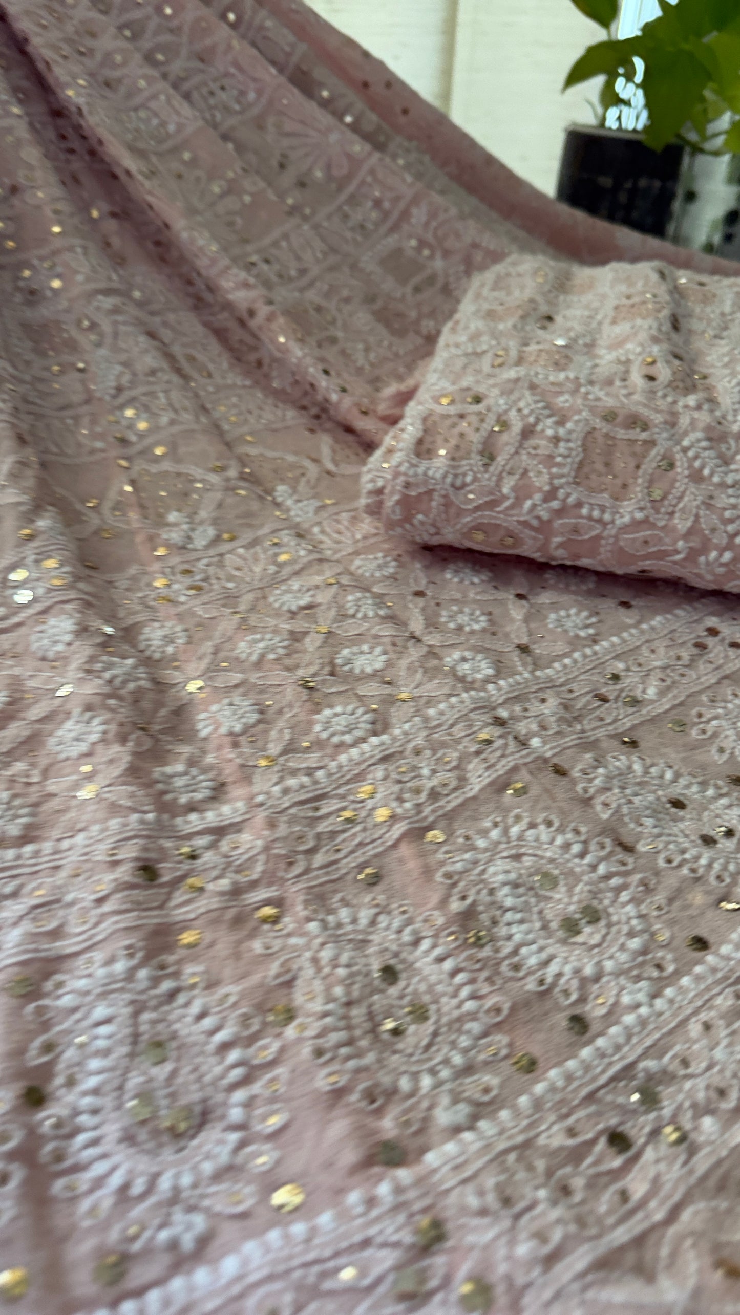 Powder Pink Mukaish Chikankari Lehenga Set
