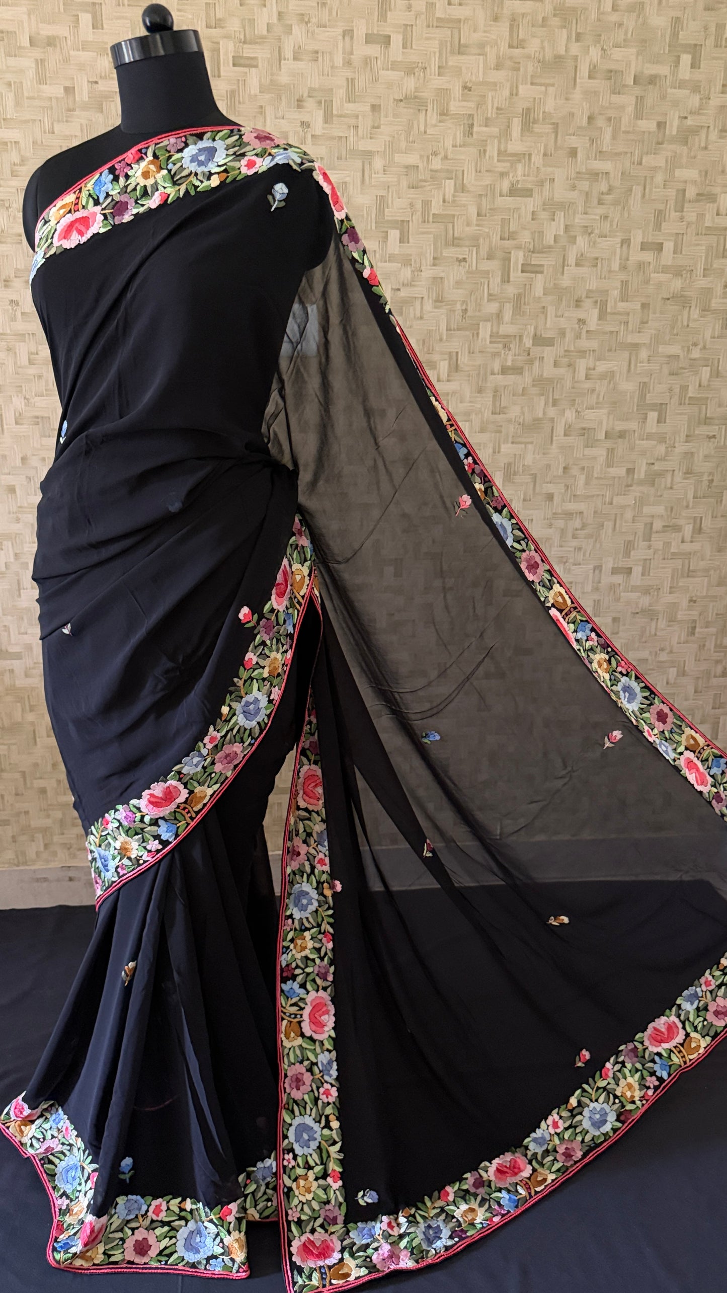 Black Parsi Gara Pure Georgette Saree