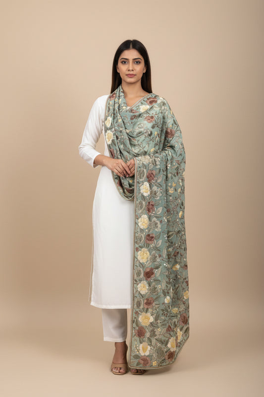 Pre Order Exclusive Sage Green Parsi Gara Dupatta