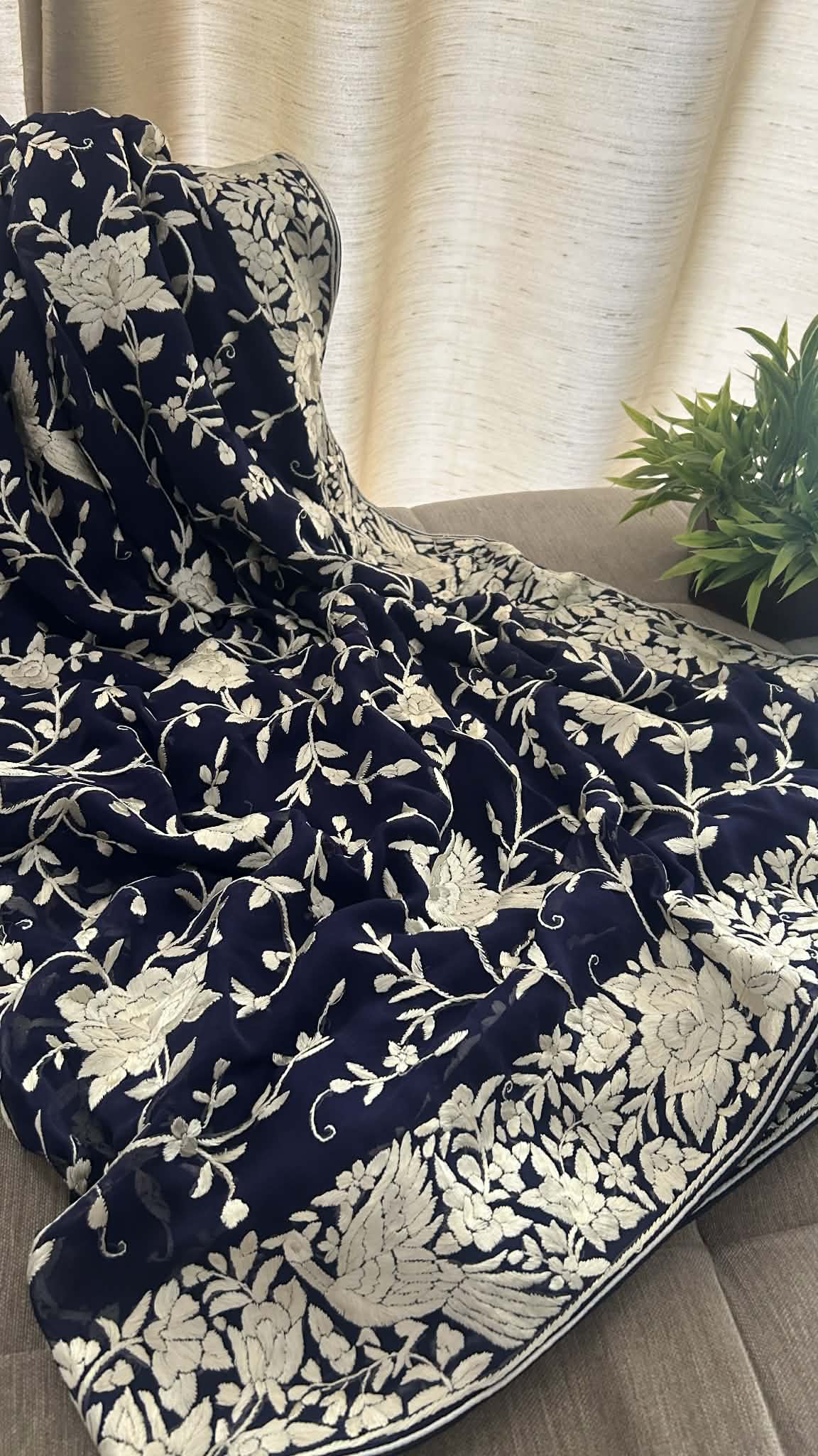Elegant Navy Ivory Parsi Gara Saree