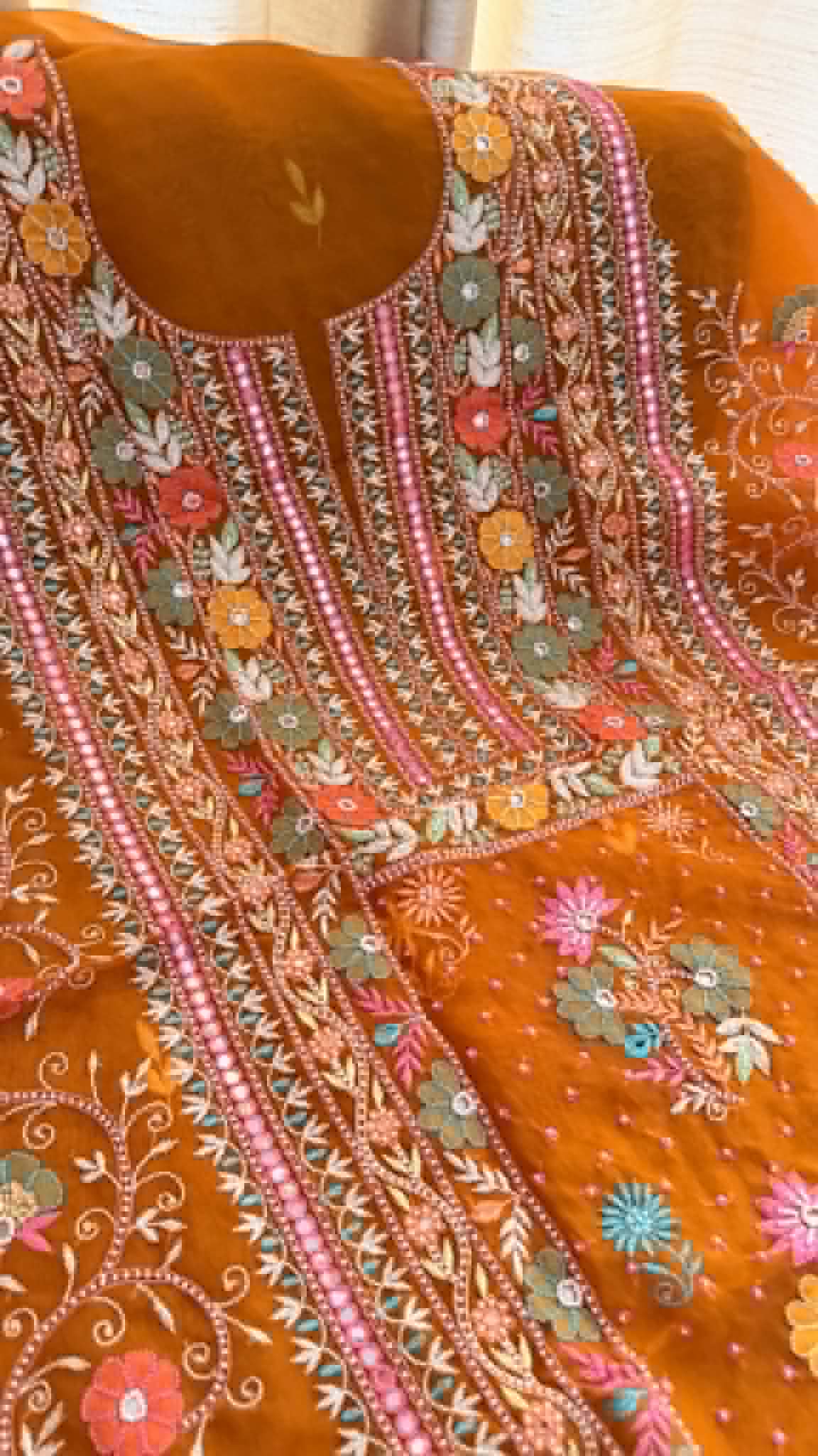 Luxury Pearl Handcrafted Organza Chikankari Suit- Rust