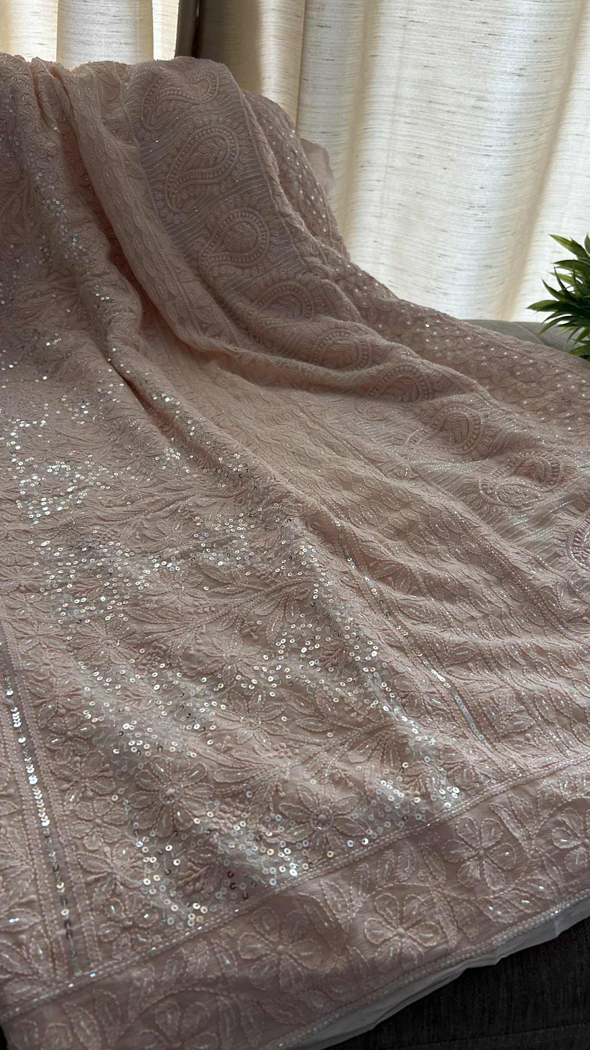 Peachy Pink Cut Dana Sequin Chikankari Saree
