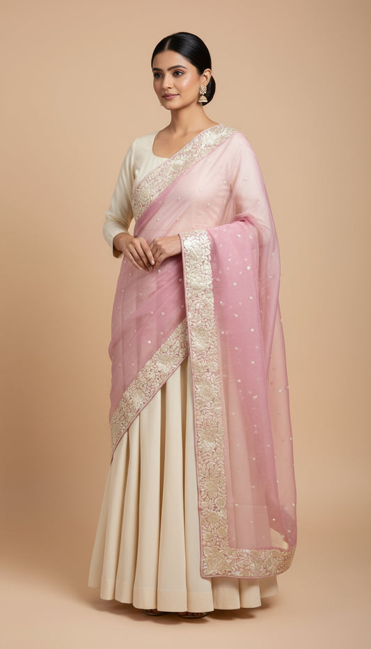Light Pink Organza Parsi Gara Dupatta