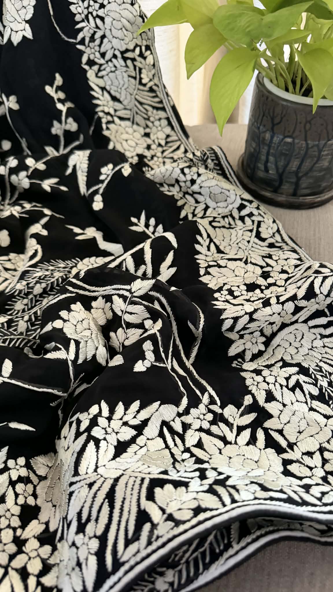 Artisanal Black & Ivory Parsi Gara Saree