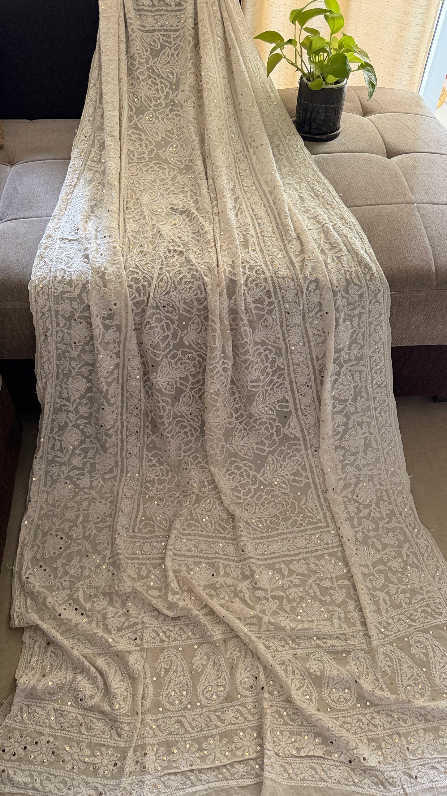 Ivory White Golden Mukaish Chikankari Dupatta
