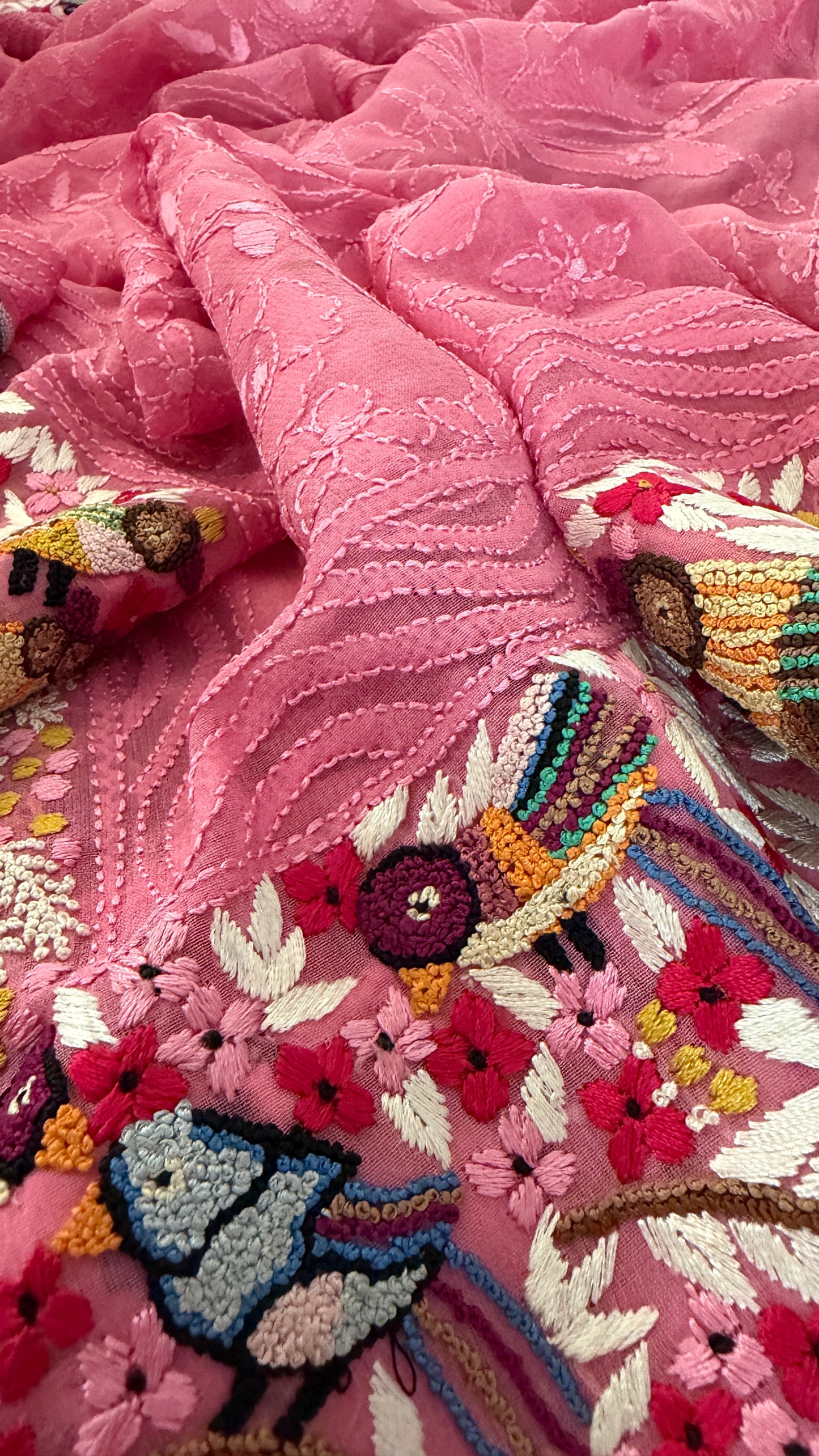 Designer Pink Hand Embroidered Parsi Gara Dupatta