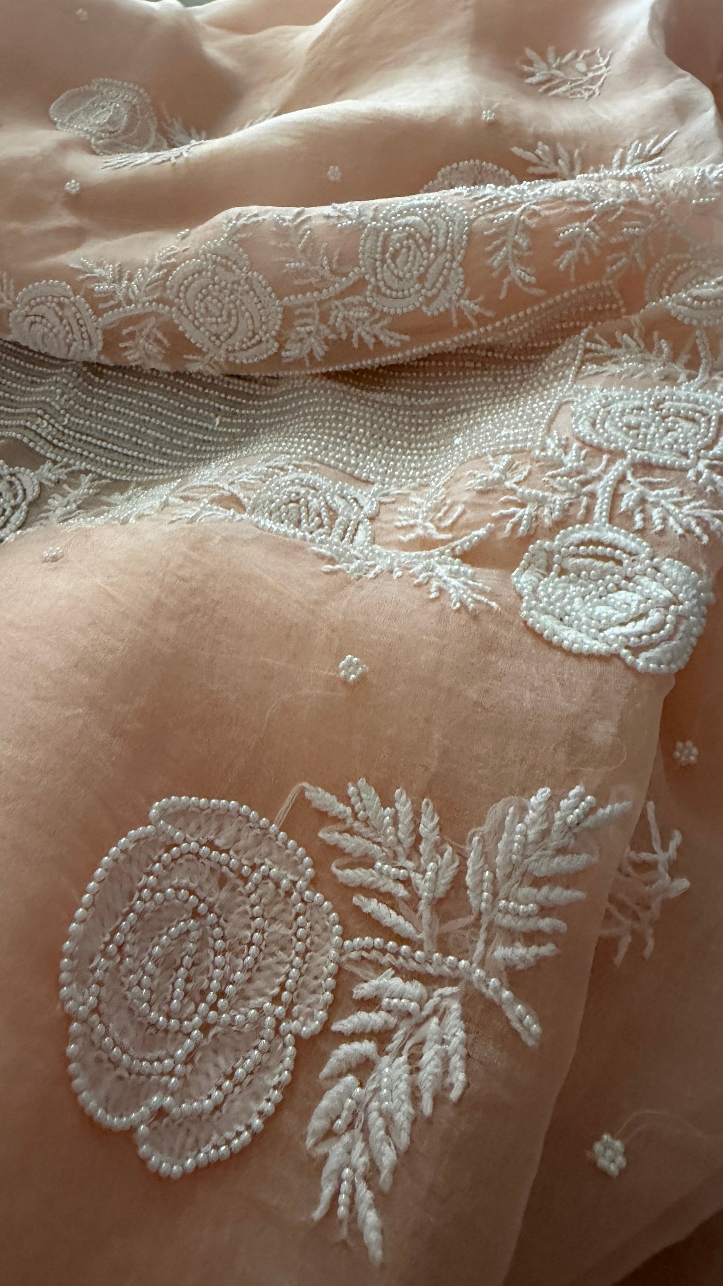 Pearl Embellished Pastel Pink Organza Chikankari Suit