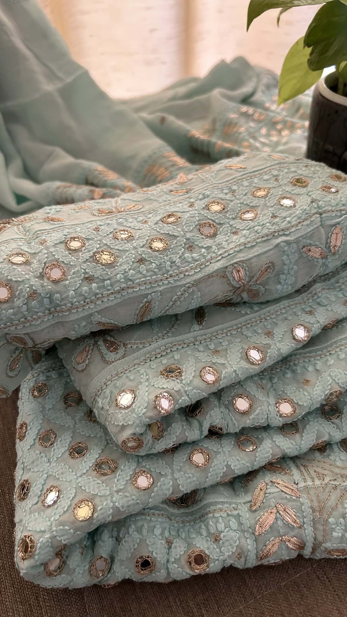 Sea Green Gota Patti & Mirror Work Chikankari Anarkali