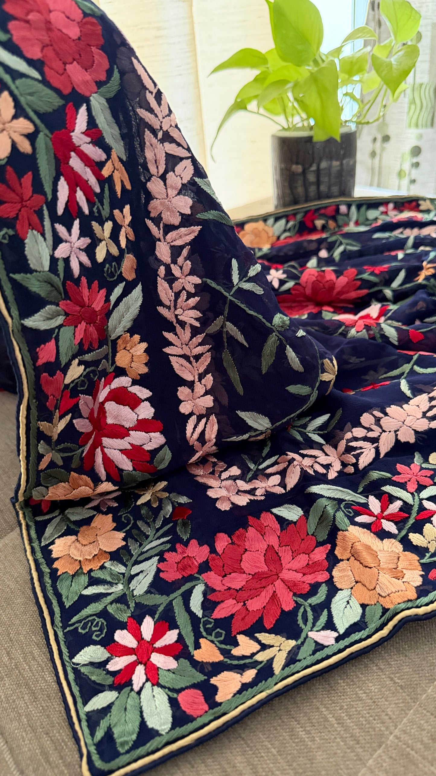 Heirloom Navy Floral Parsi Gara Dupatta