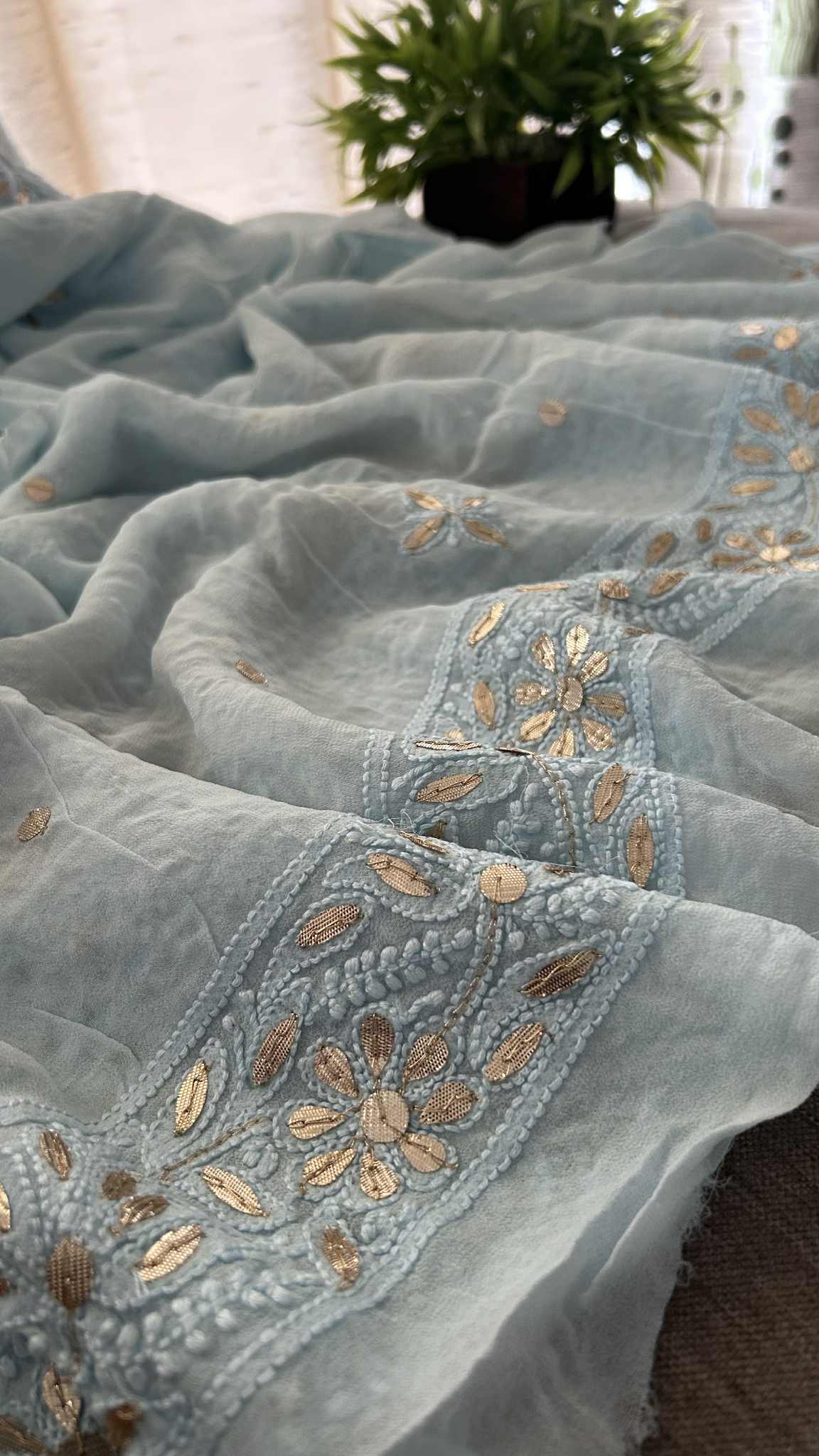 Powder Blue Gota Patti Unstitched Chikankari Suit (Kurta & Dupatta)