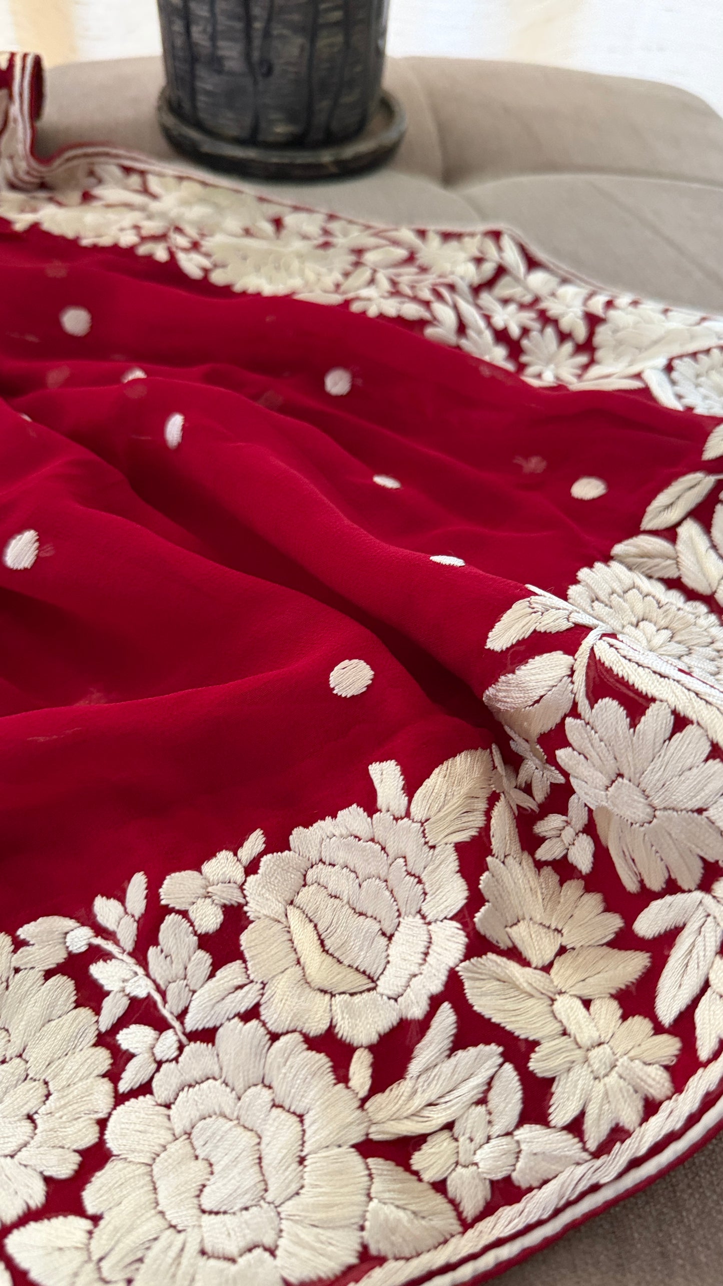 Artisanal Maroon Ivory Floral Parsi Gara Dupatta