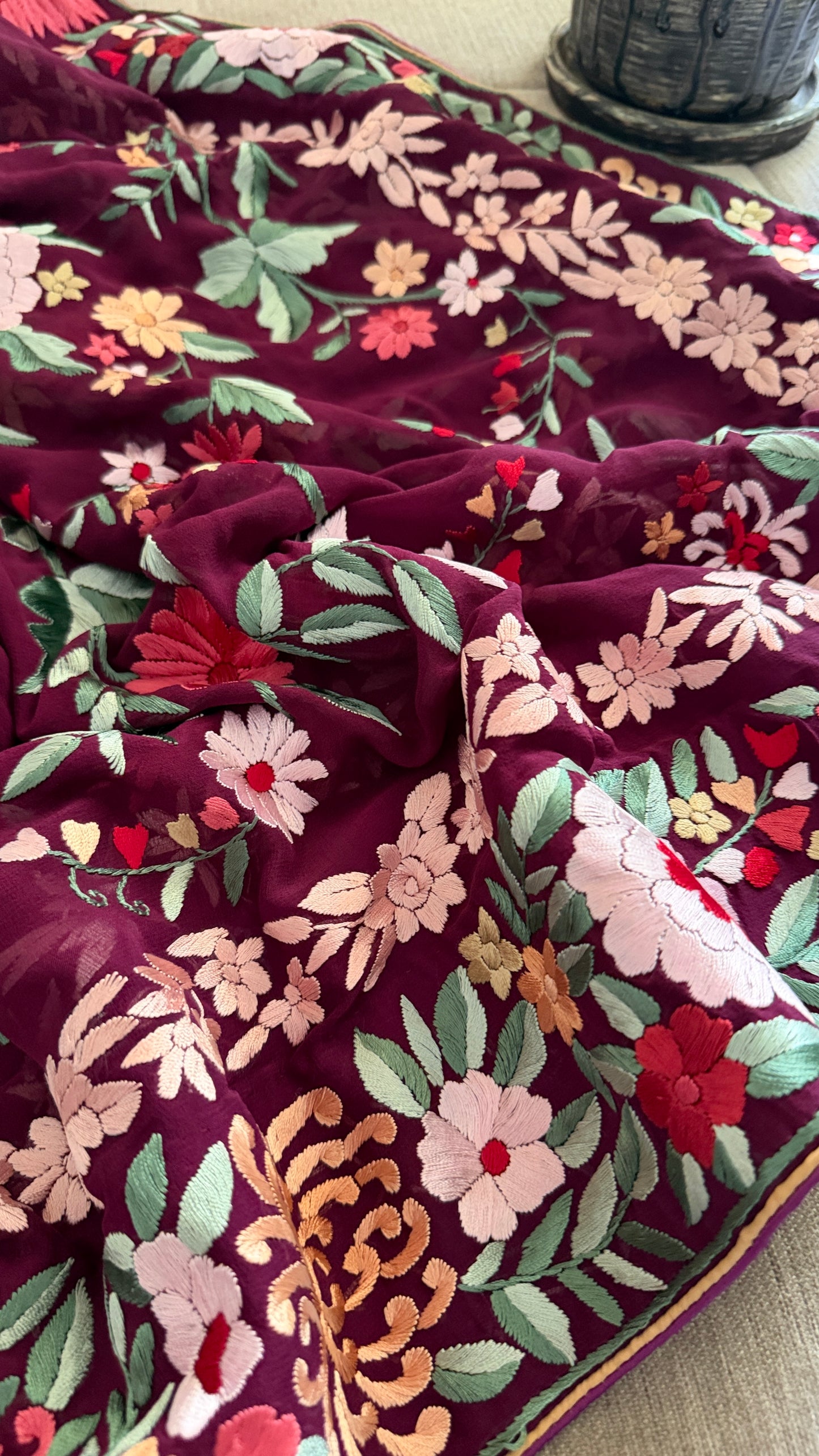 Burgundy Floral Parsi Gara Dupatta
