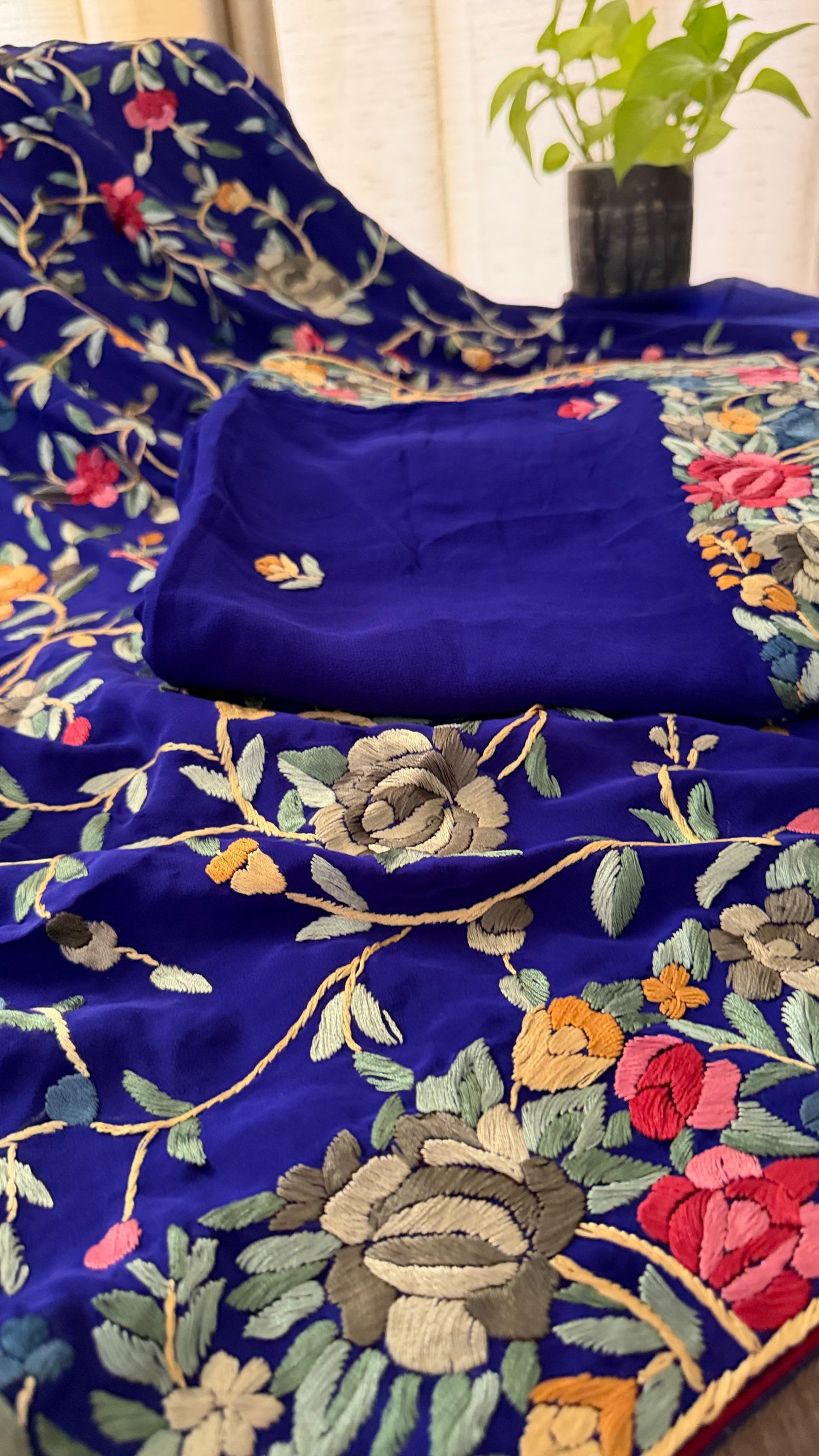 Royal Blue Floral Parsi Gara Suit (Three Piece)